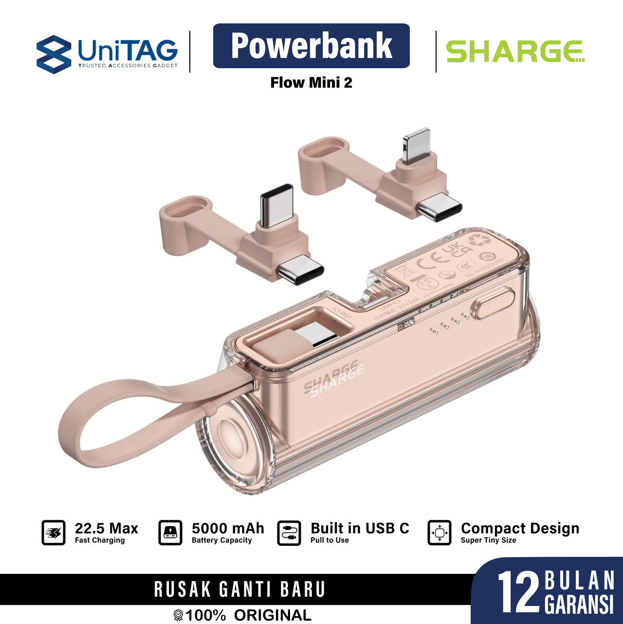Sharge Powerbank 2 in 1 Flow Mini 2 5000mAh (+ USB C & Lightning Port) - Pink