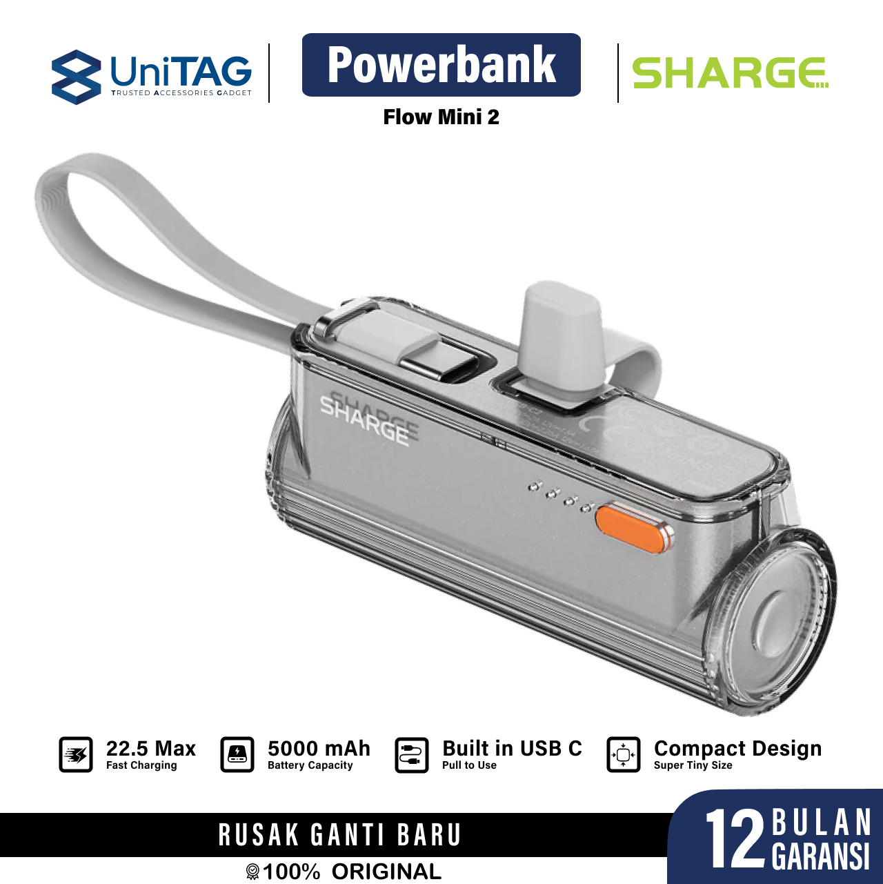 Sharge Powerbank 2 in 1 Flow Mini 2 5000mAh (+ USB C & Lightning Port) - Silver YDD-SG-22.5-SX-YIN