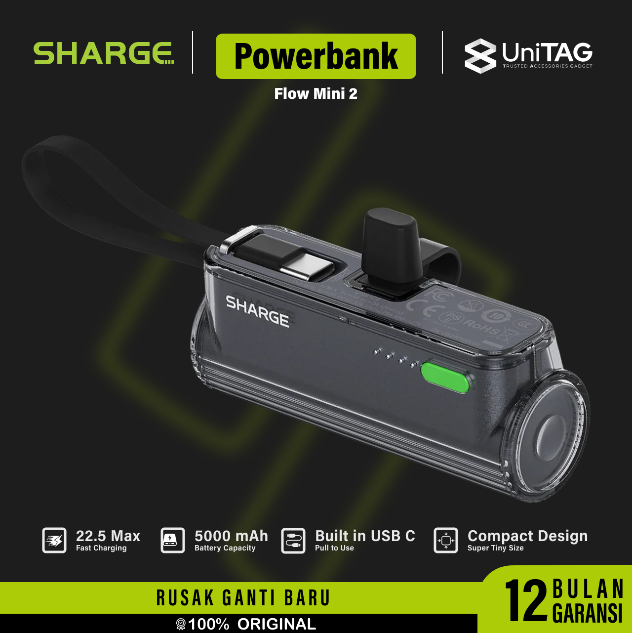 Sharge Powerbank 2 in 1 Flow Mini 2 5000mAh (+ USB C & Lightning Port) - Black YDD-SG-22.5-SX-HEI