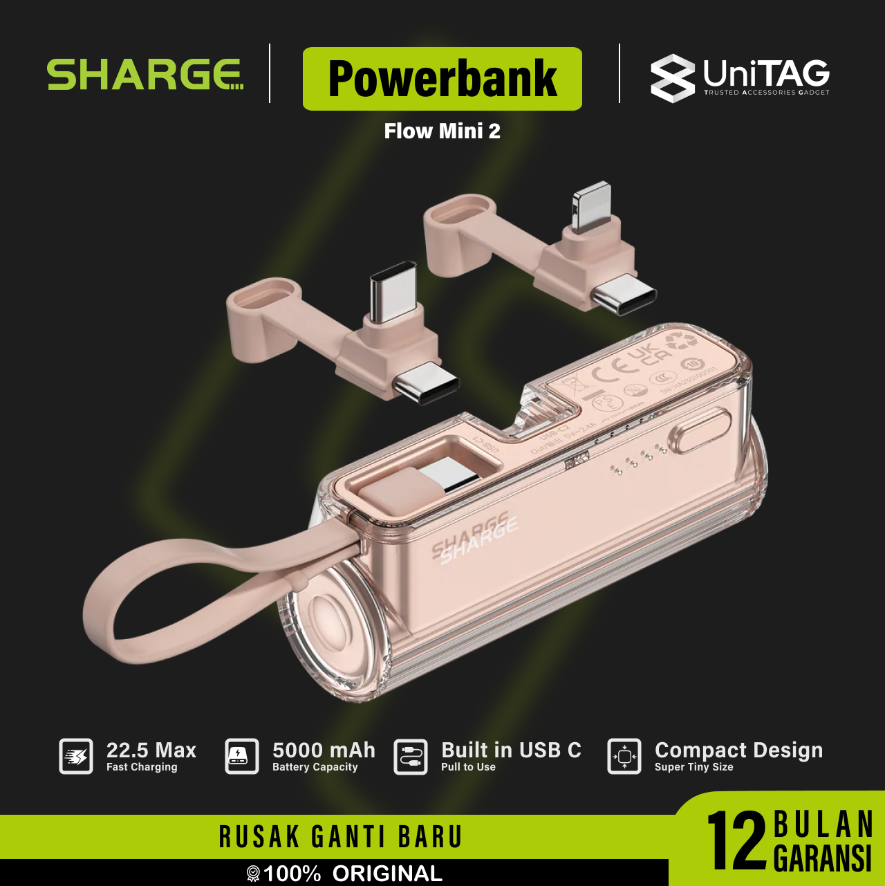 Sharge Powerbank 2 in 1 Flow Mini 2 5000mAh (+ USB C & Lightning Port) - Pink