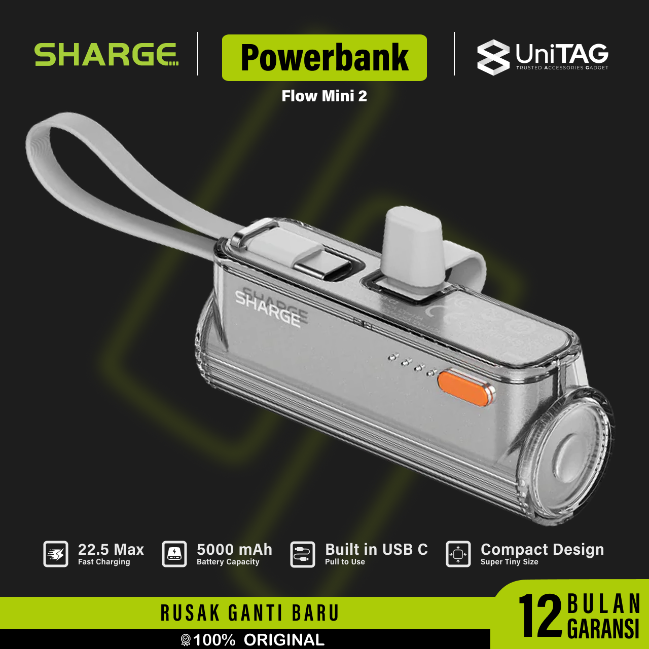 Sharge Powerbank 2 in 1 Flow Mini 2 5000mAh (+ USB C & Lightning Port) - Silver YDD-SG-22.5-SX-YIN