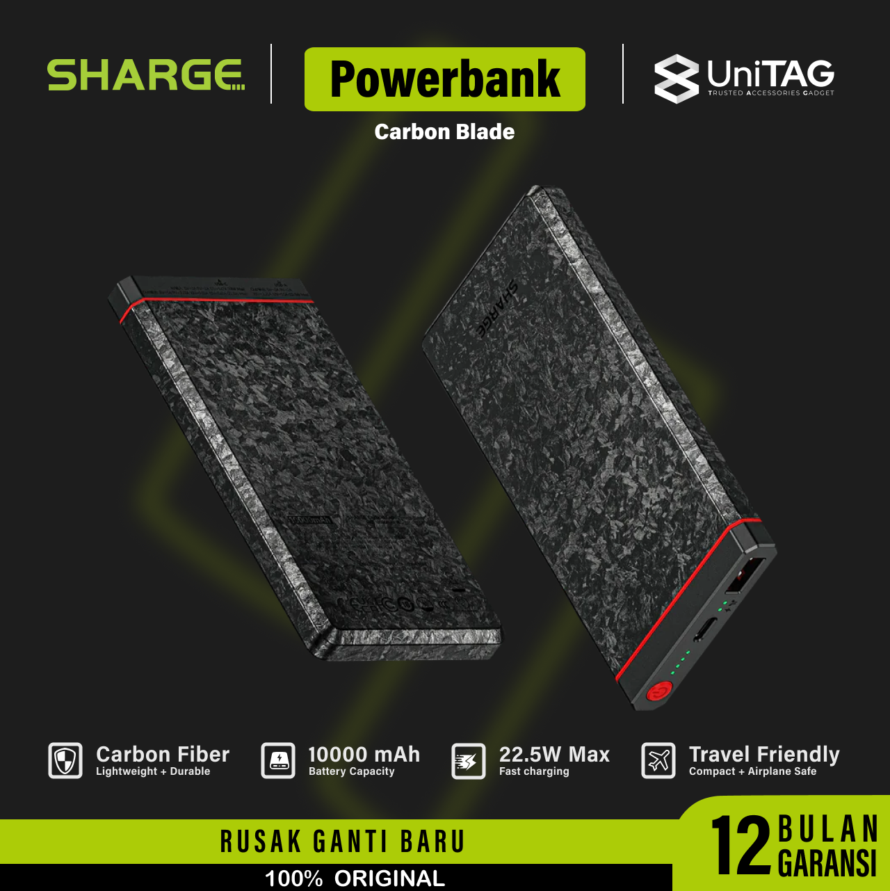 Sharge Powerbank 10000mAh CarbonBlade Ultra Thin - Black YDD-SG-C1TXW-HEI