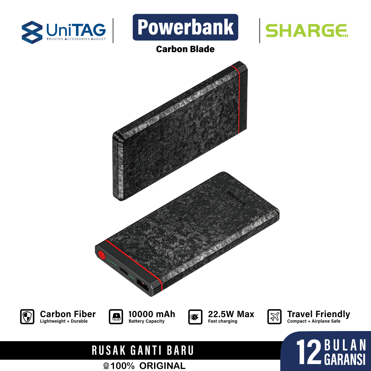 Sharge Powerbank 10000mAh CarbonBlade Ultra Thin - Black YDD-SG-C1TXW-HEI