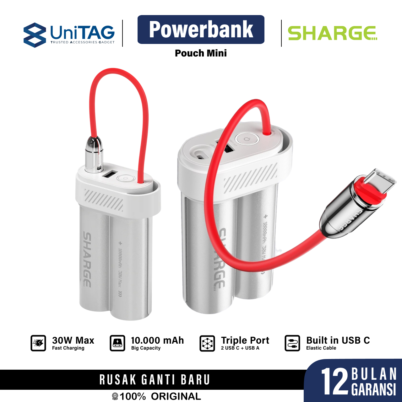 Sharge Powerbank Built in Kabel Charger USB C 10000mAh Pouch Mini - White YDD-SG-SX2-BAI