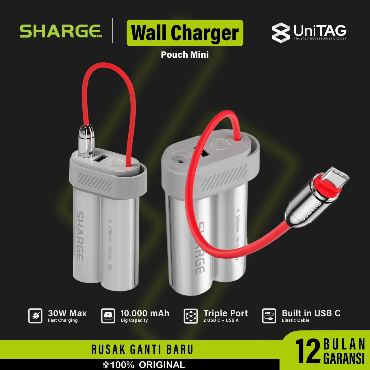 Sharge Powerbank Built in Kabel Charger USB C 10000mAh Pouch Mini - Gray YDD-SG-SX2-HUI