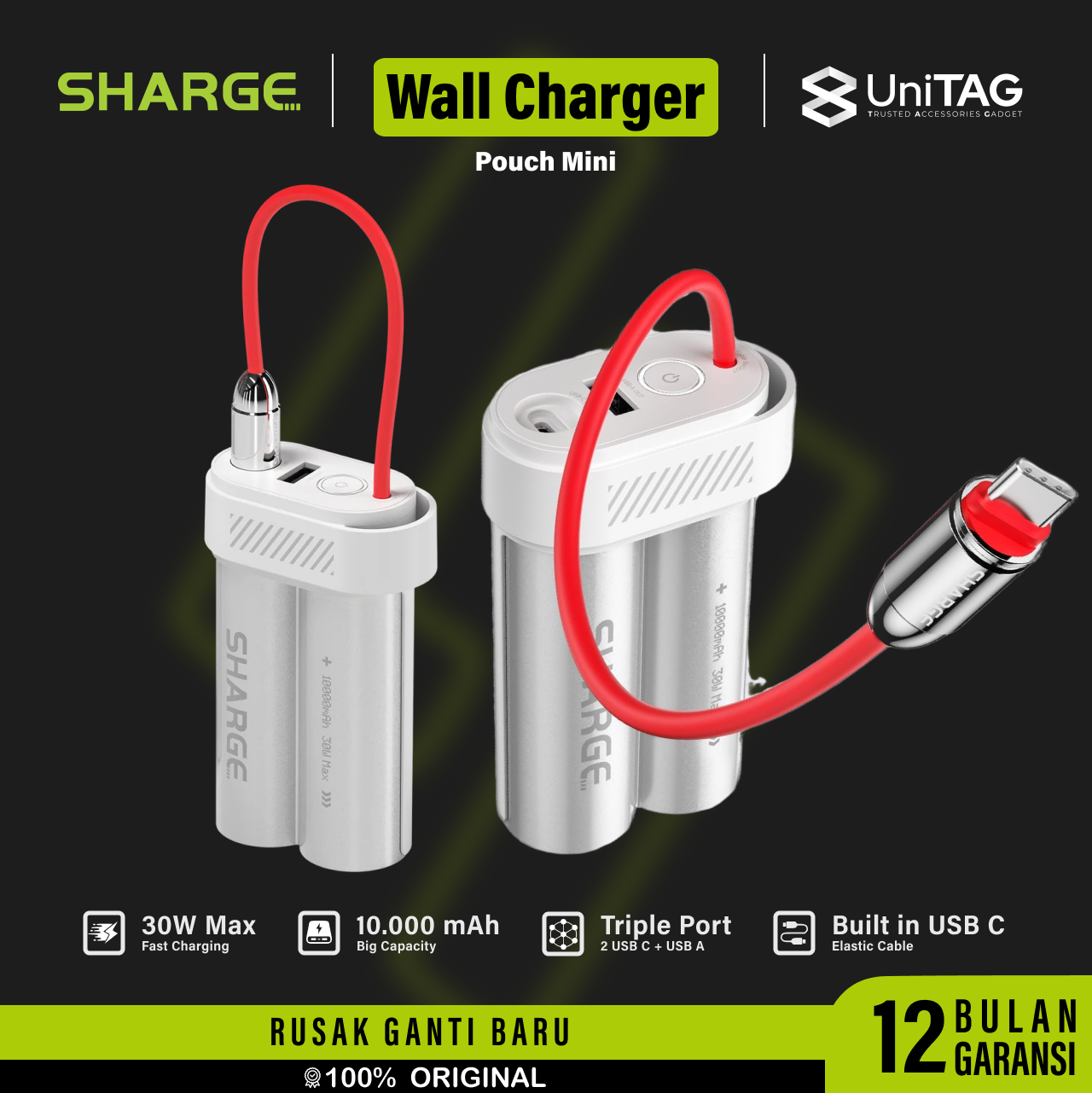 Sharge Powerbank Built in Kabel Charger USB C 10000mAh Pouch Mini - White YDD-SG-SX2-BAI
