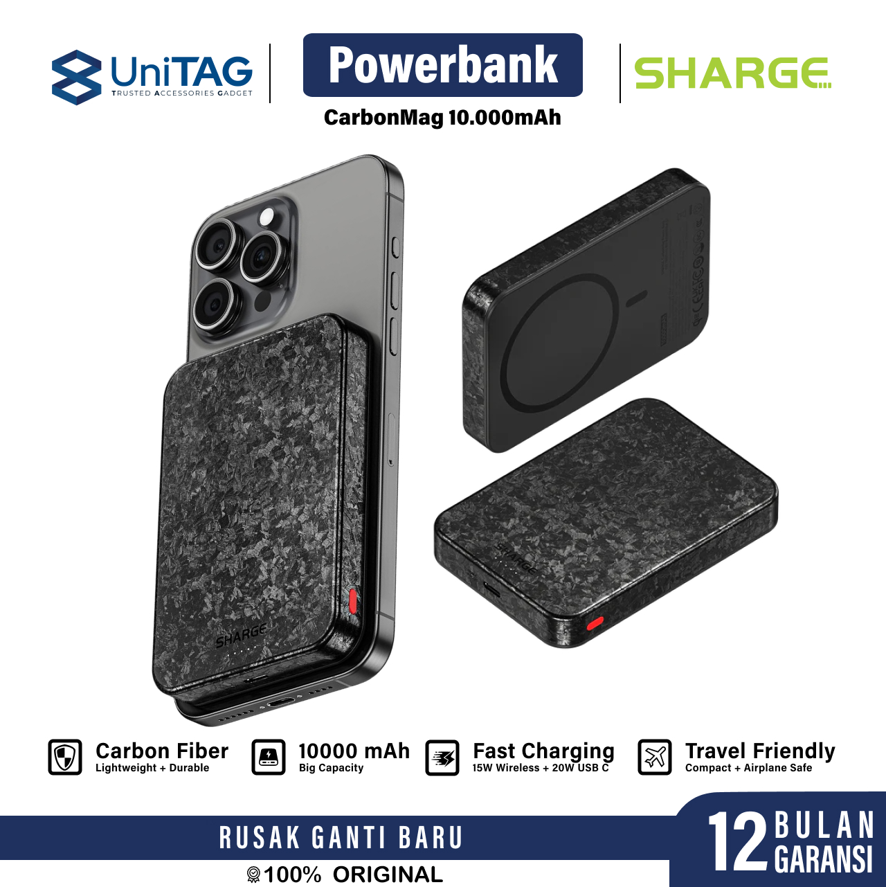 Sharge Powerbank Magsafe Qi2 Thin 10000mAh Carbon Mag - Black YDD-SG-C2TXWCX-HEI