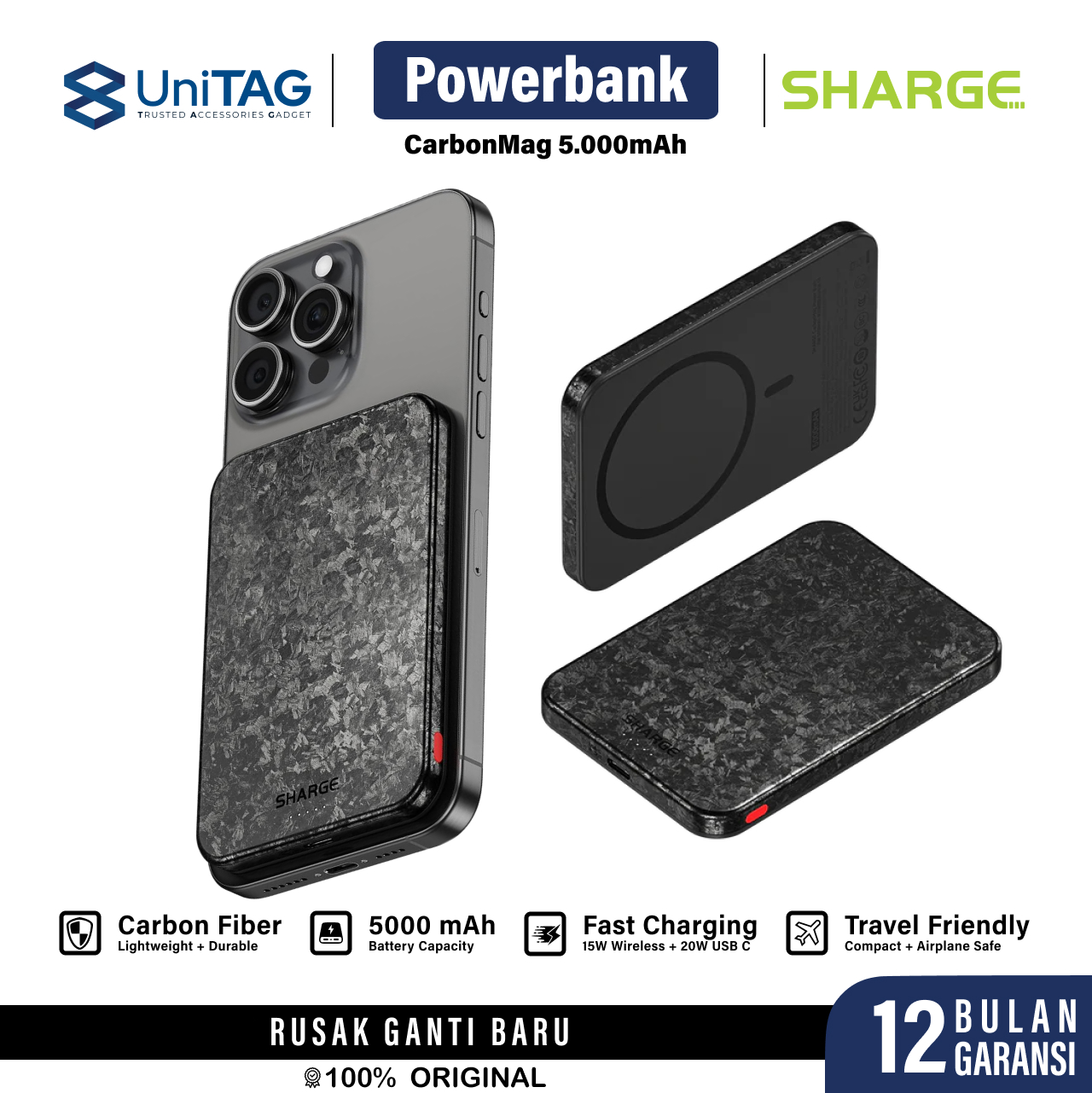 Sharge Powerbank Magsafe Qi2 Thin 5000mAh Carbon Mag - Black YDD-SG-C3TXWCX-HEI