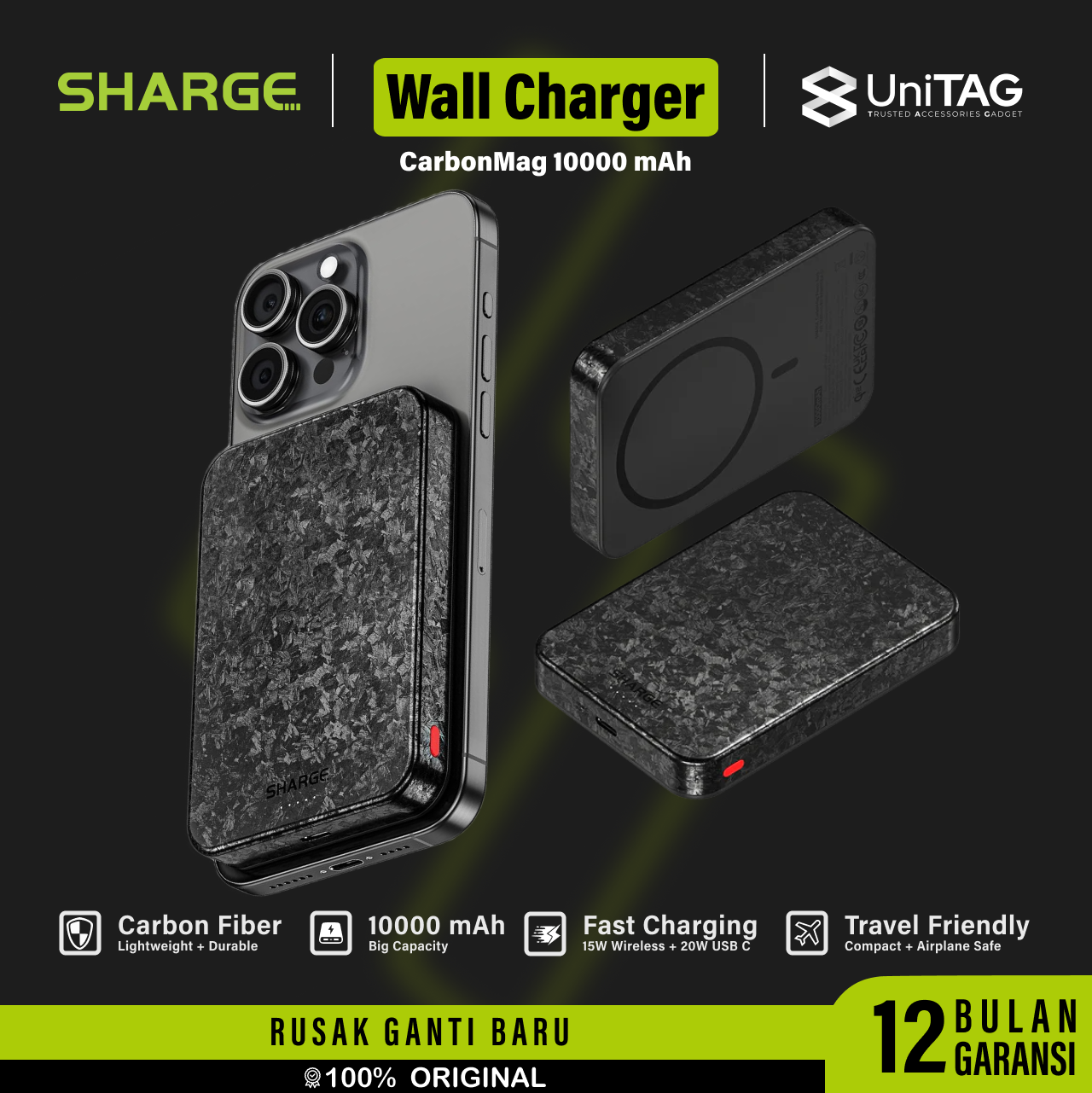 Sharge Powerbank Magsafe Qi2 Thin 10000mAh Carbon Mag - Black YDD-SG-C2TXWCX-HEI