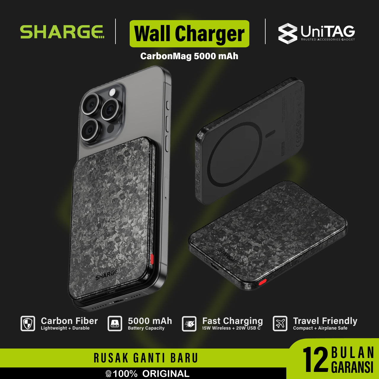 Sharge Powerbank Magsafe Qi2 Thin 5000mAh Carbon Mag - Black YDD-SG-C3TXWCX-HEI