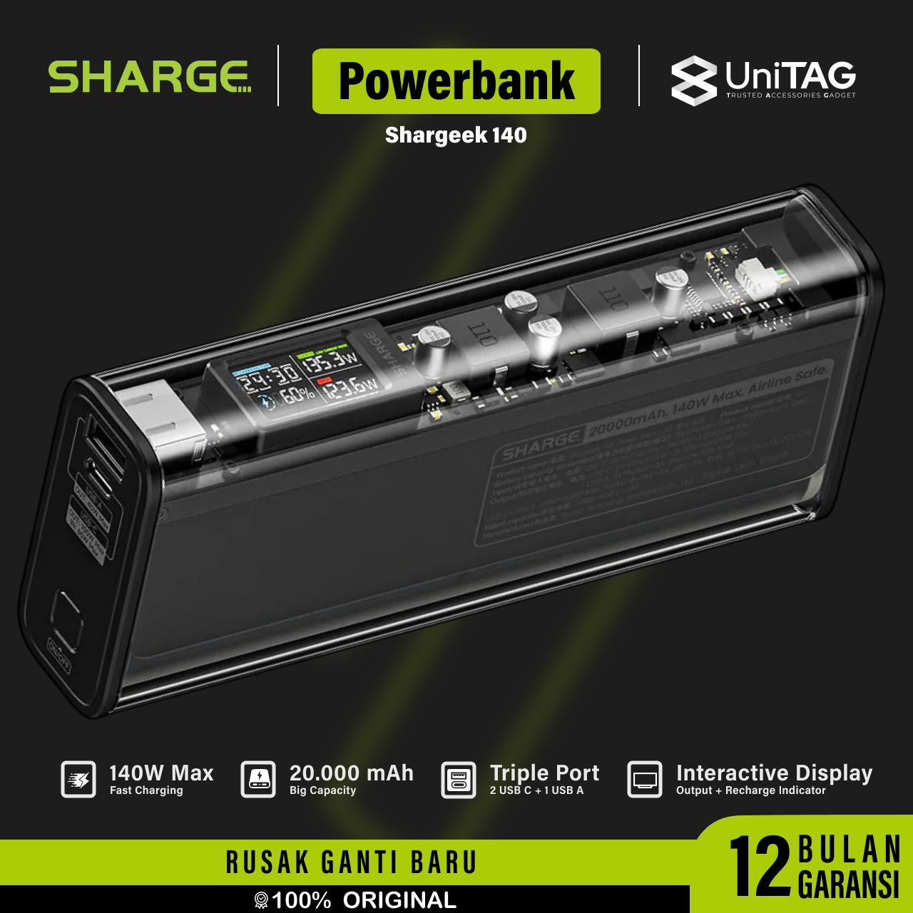 Sharge Powerbank 20000mAh 140W 1A 1C Shargeek 140 - Black YDD-SG-140-HEI