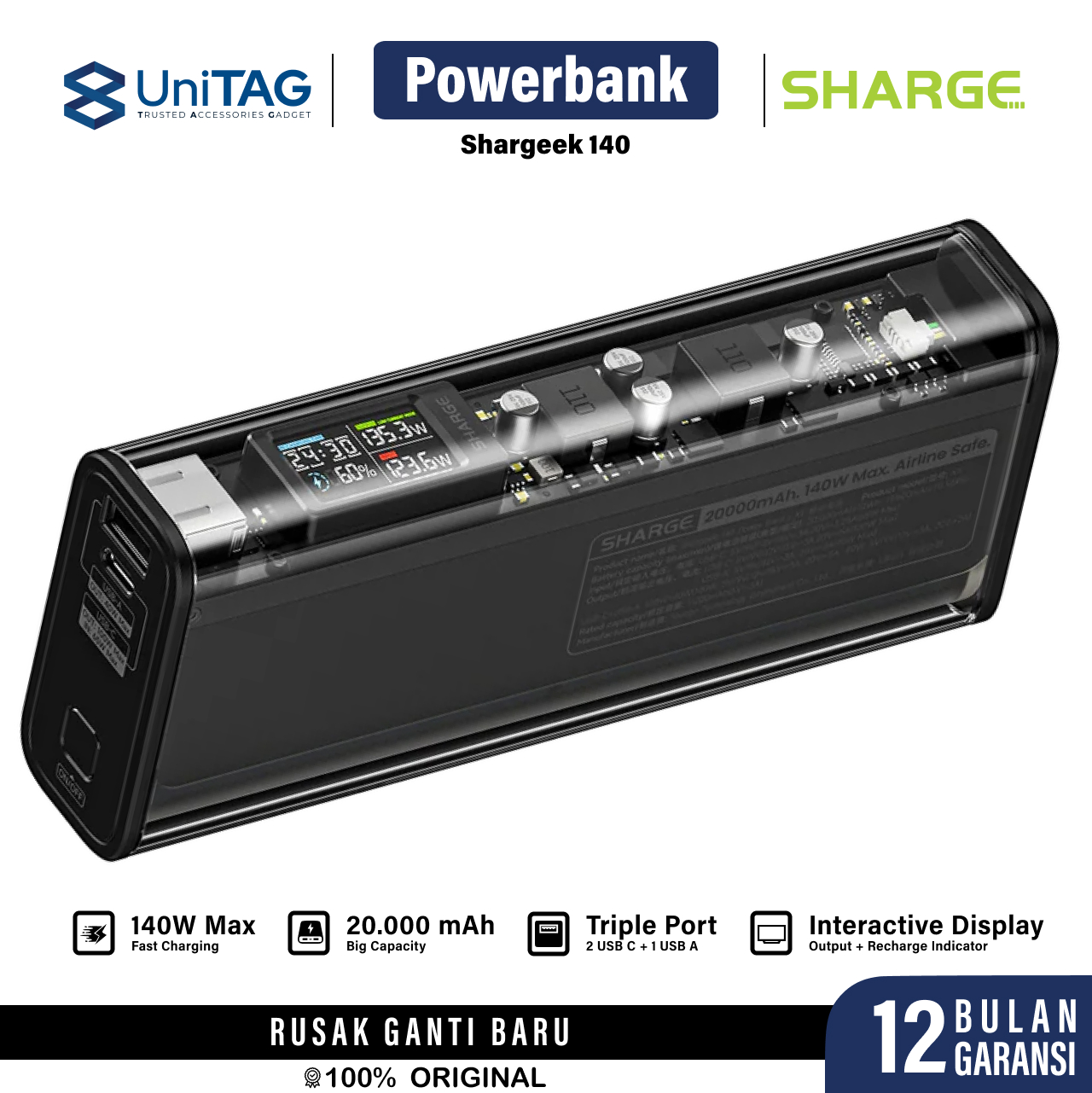 Sharge Powerbank 20000mAh 140W 1A 1C Shargeek 140 - Black YDD-SG-140-HEI