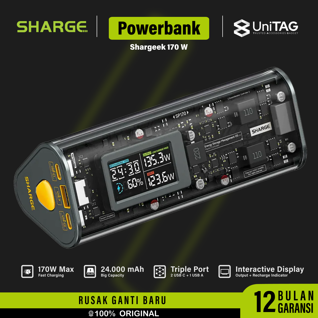 Sharge Powerbank 24000mAh 170W 1A 2C Shargeek 170 - Gray YDD-SG-170-SBLJ-HUI