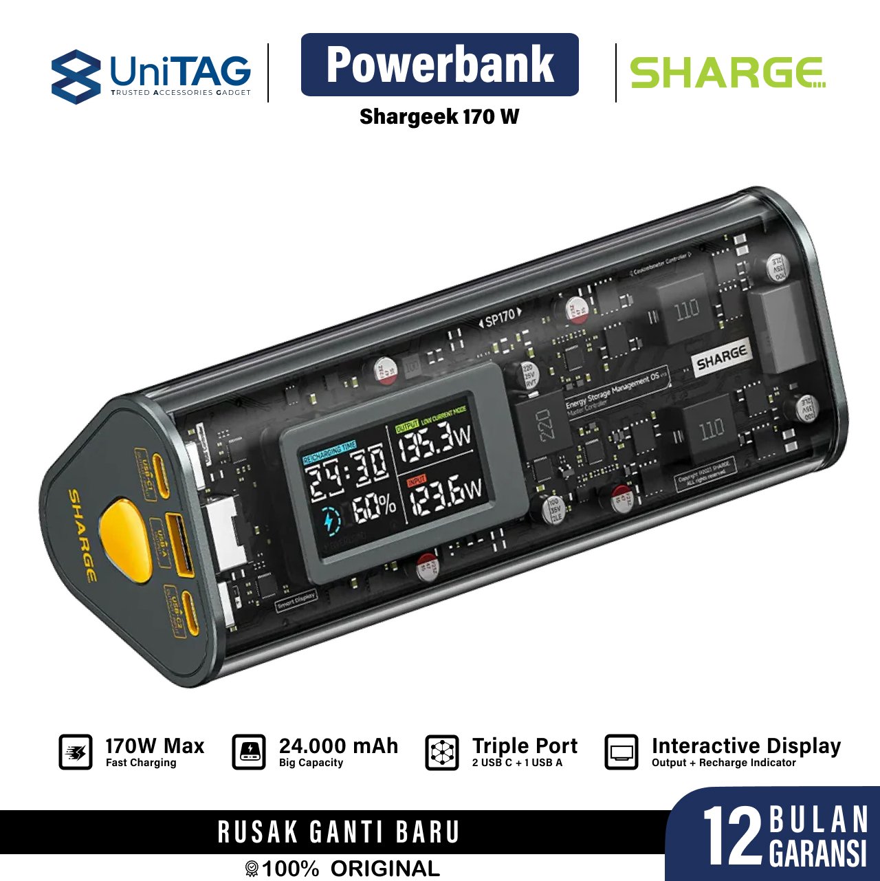 Sharge Powerbank 24000mAh 170W 1A 2C Shargeek 170 - Gray YDD-SG-170-SBLJ-HUI