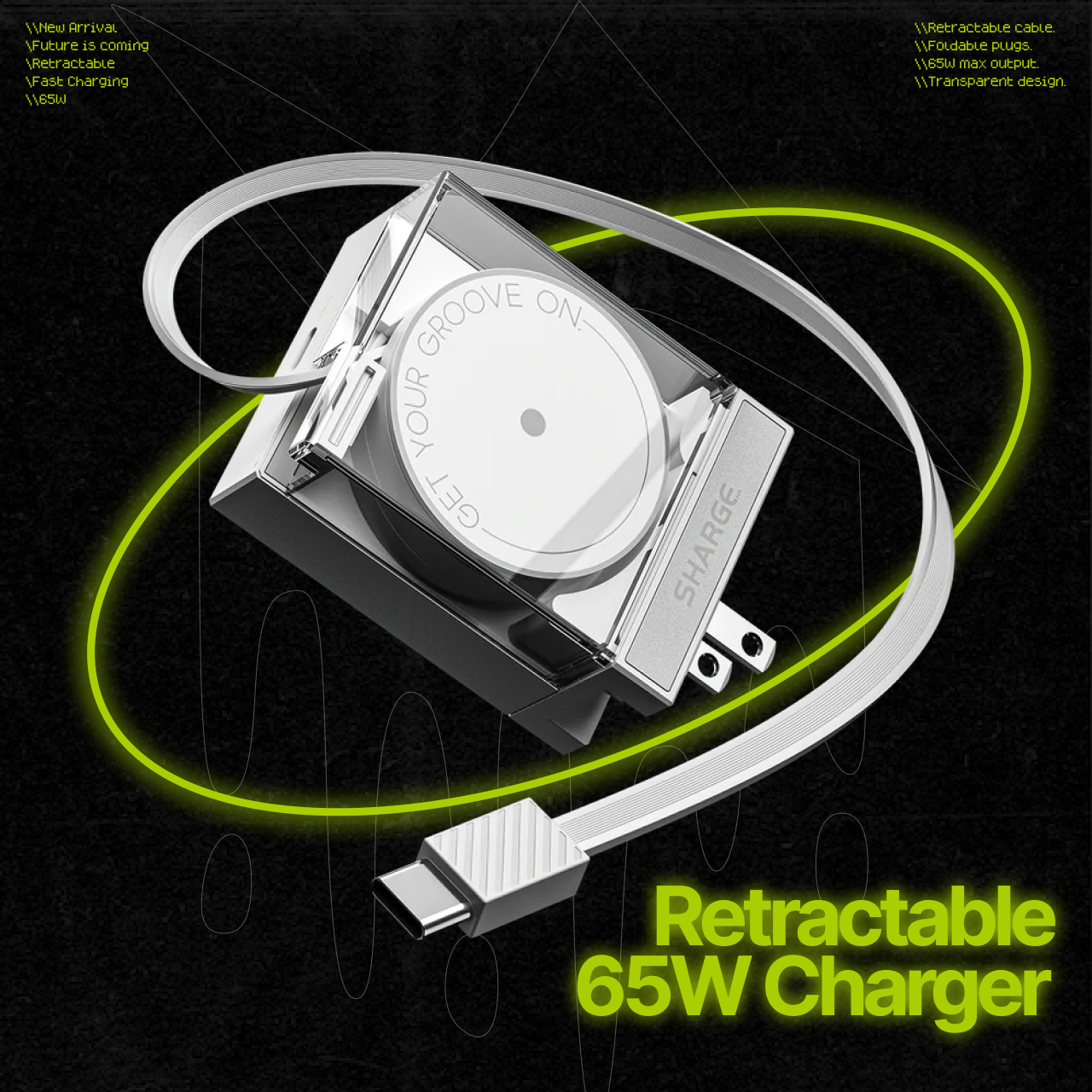 SHARGE Retractable 65 Cable Charge Dual Port USB-C 65W for iPhone Samsung