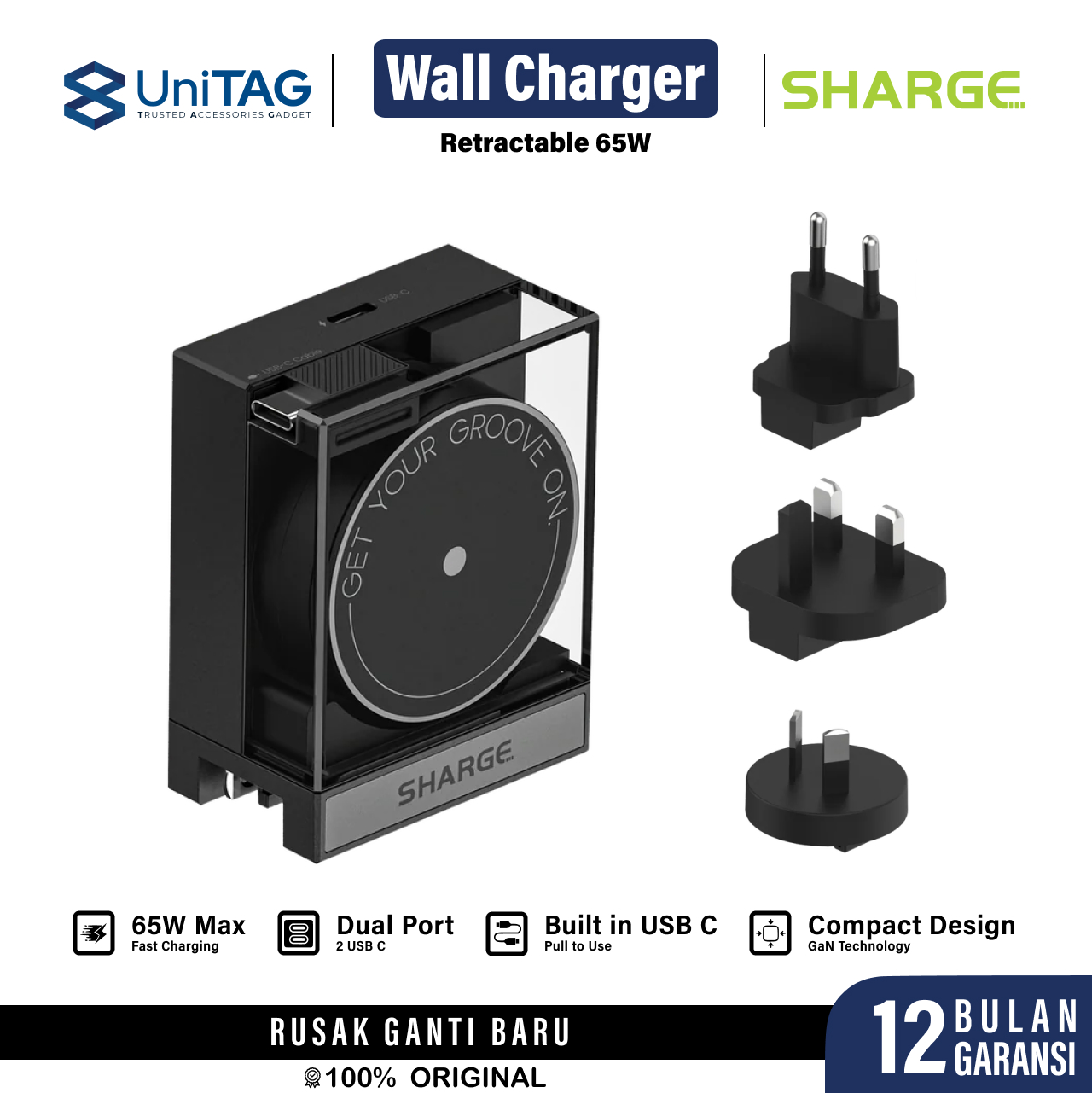 Sharge Wall Charger 1C + USB C Retracxtable 65W PD GaN - Black CDT-SG-65-HW-CP-HEI