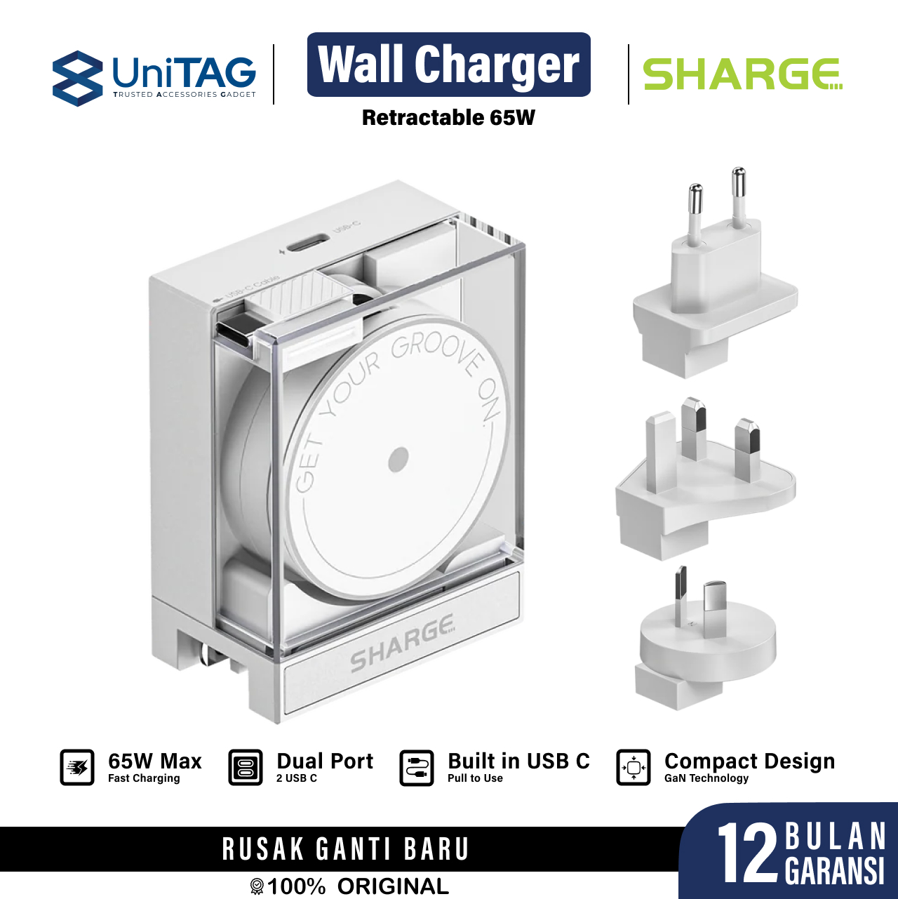 SHARGE Retractable 65 Cable Charge Dual Port USB-C 65W for iPhone Samsung