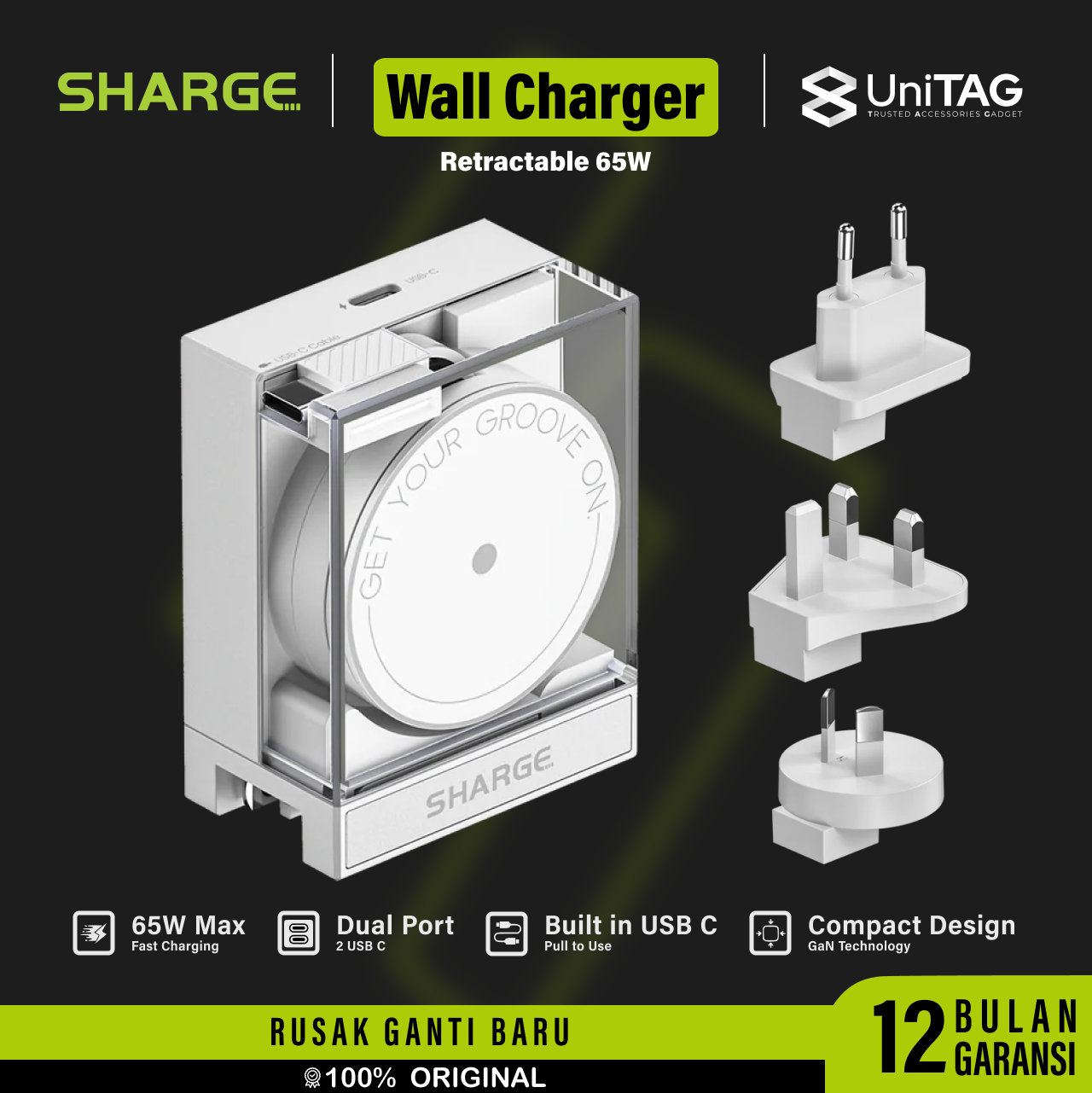 SHARGE Retractable 65 Cable Charge Dual Port USB-C 65W for iPhone Samsung