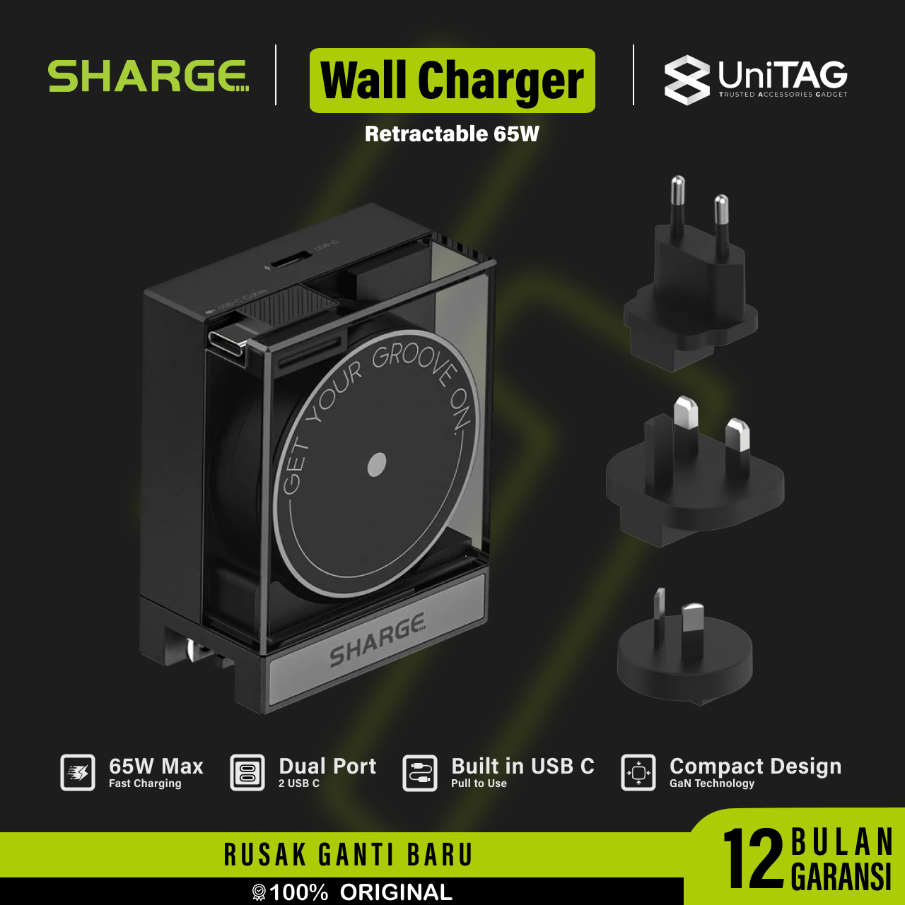Sharge Wall Charger 1C + USB C Retracxtable 65W PD GaN - Black CDT-SG-65-HW-CP-HEI