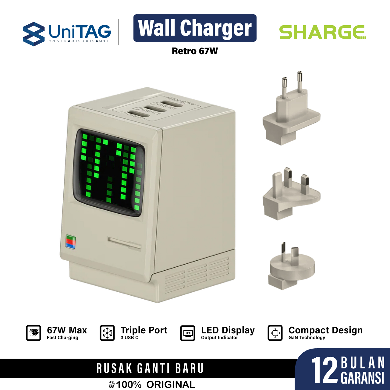 Sharge Wall Charger 3C GaN Retro 67W - Vintage Cream CDT-SG-67-3C-SZY-MI