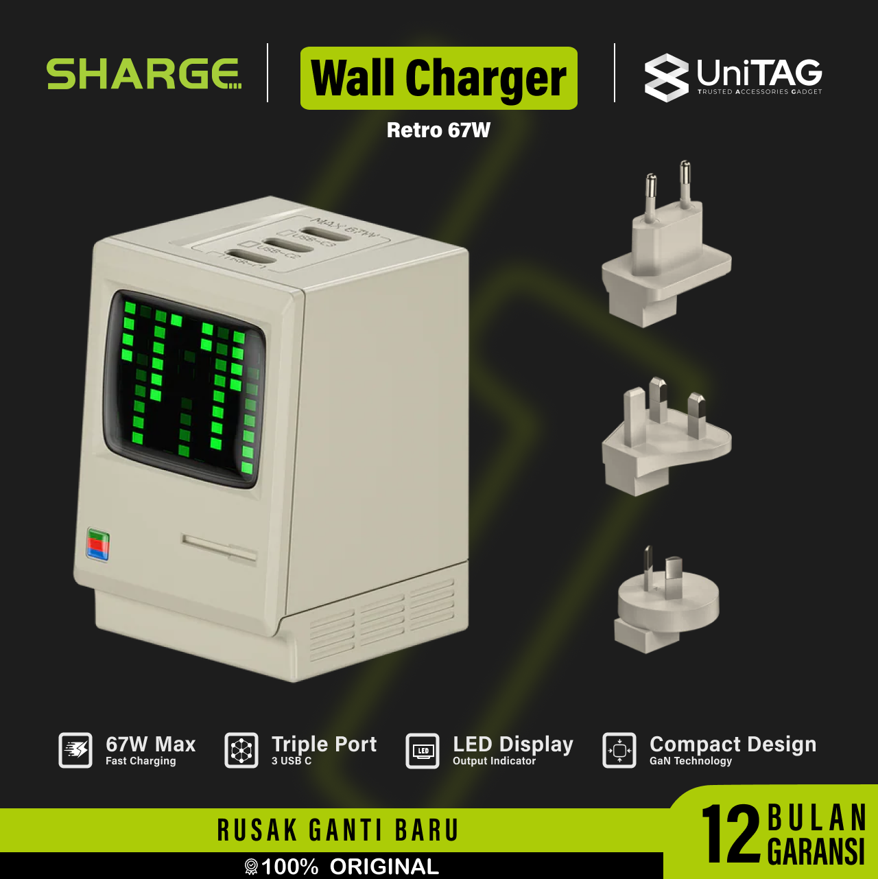 Sharge Wall Charger 3C GaN Retro 67W - Vintage Cream CDT-SG-67-3C-SZY-MI