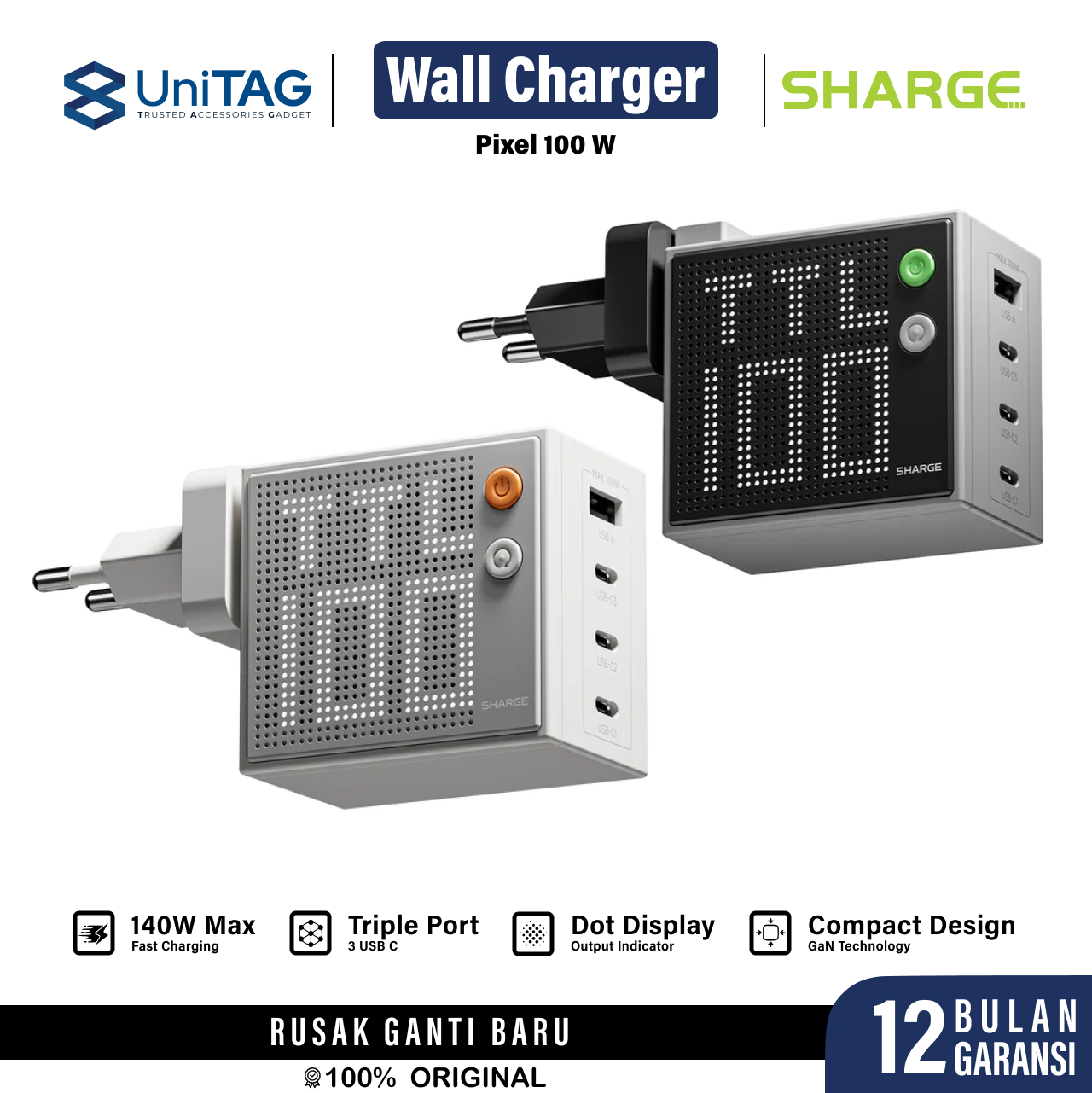 Sharge Wall Charger 1A 3C Pixel 100W GaN Charger - Gray CDT-SG-100-HW-DZP-HUI