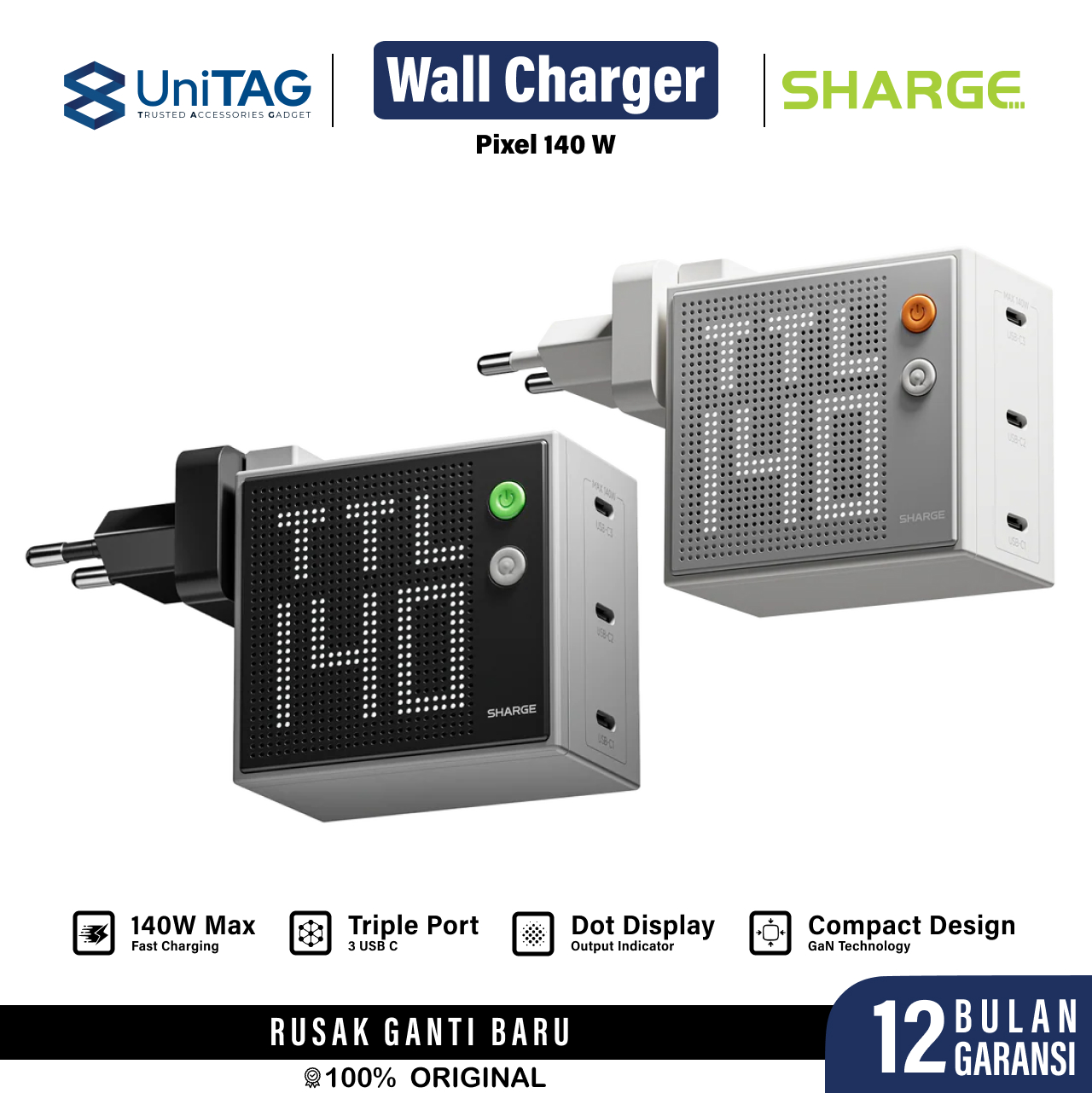 Sharge Wall Charger 3C Pixel 140W GaN Charger - Gray CDT-SG-140-HW-DZP-HUI