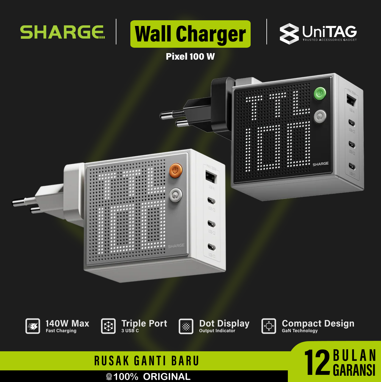 Sharge Wall Charger 1A 3C Pixel 100W GaN Charger - Gray CDT-SG-100-HW-DZP-HUI