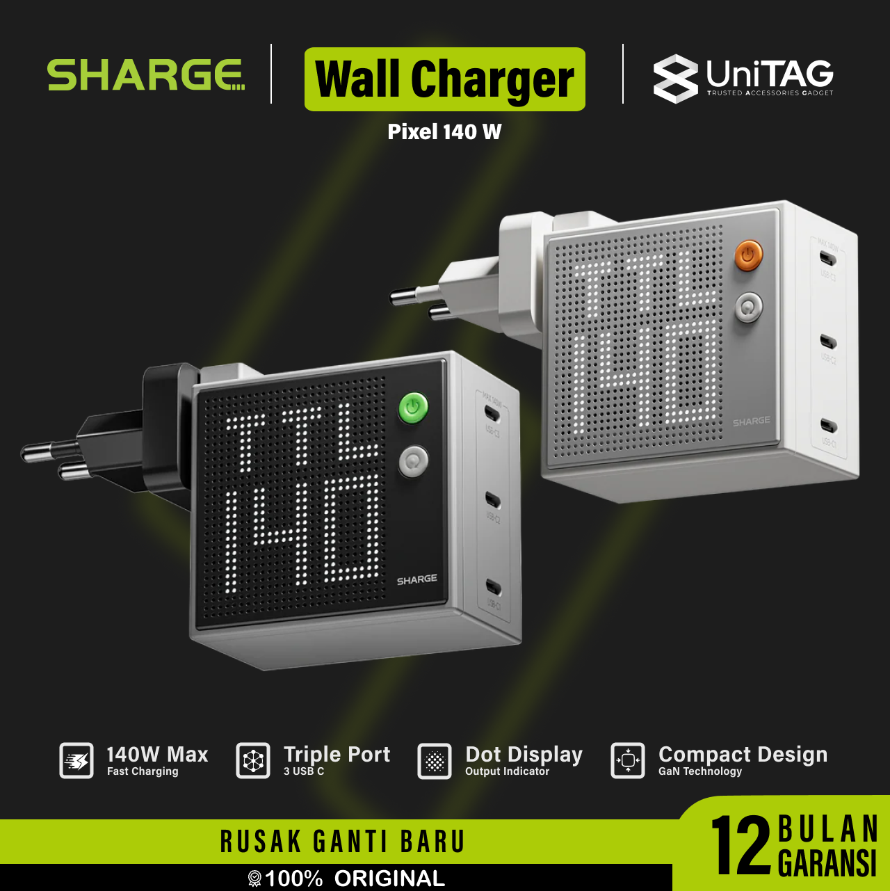 Sharge Wall Charger 3C Pixel 140W GaN Charger - Gray CDT-SG-140-HW-DZP-HUI