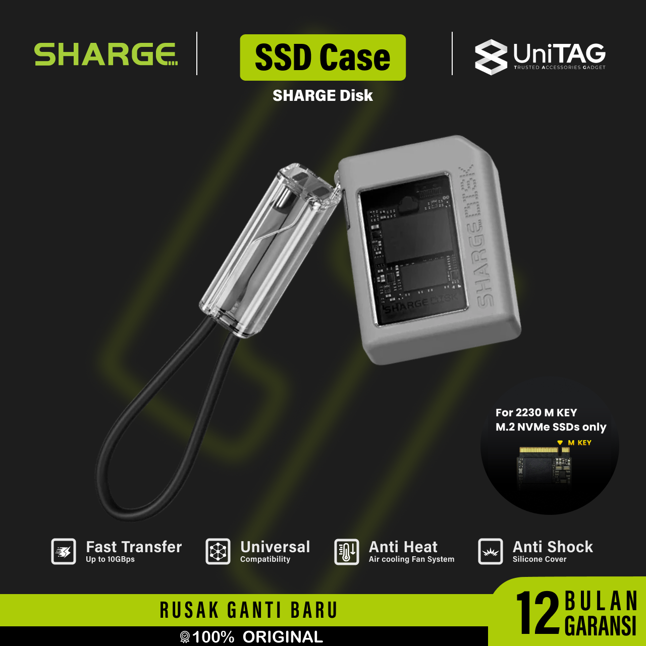 Sharge Disk Enclosure M.2 NVMe Enclosure for 2230 SSD 1C + Cable Usb C Male Female - Gray YPH-SG-TZB-SSD-HUI