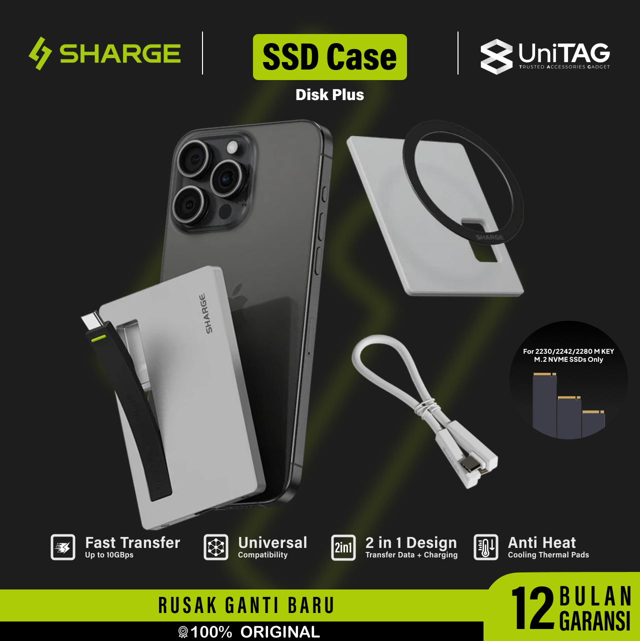 Sharge Disk Enclosure Magnetic Built In Cable USB C 100W PD Disk Plus - Gray YPH-SG-SPplus-HUI