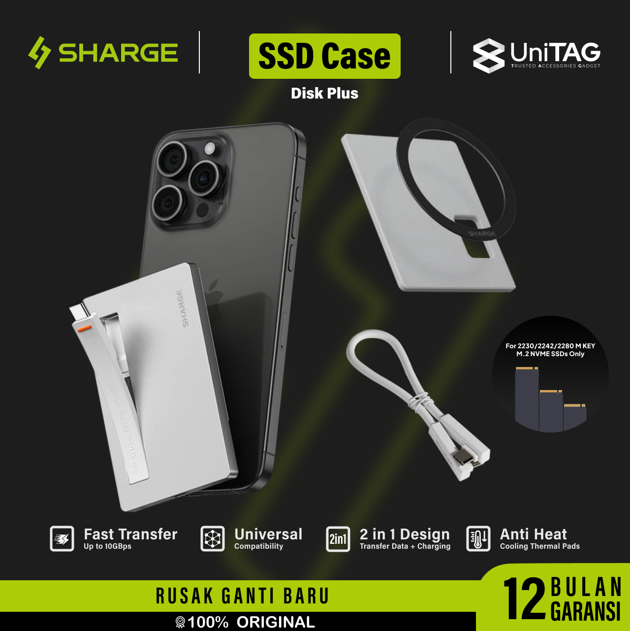 Sharge Disk Enclosure Magnetic Built In Cable USB C 100W PD Disk Plus - Silver YPH-SG-SPplus-YIN