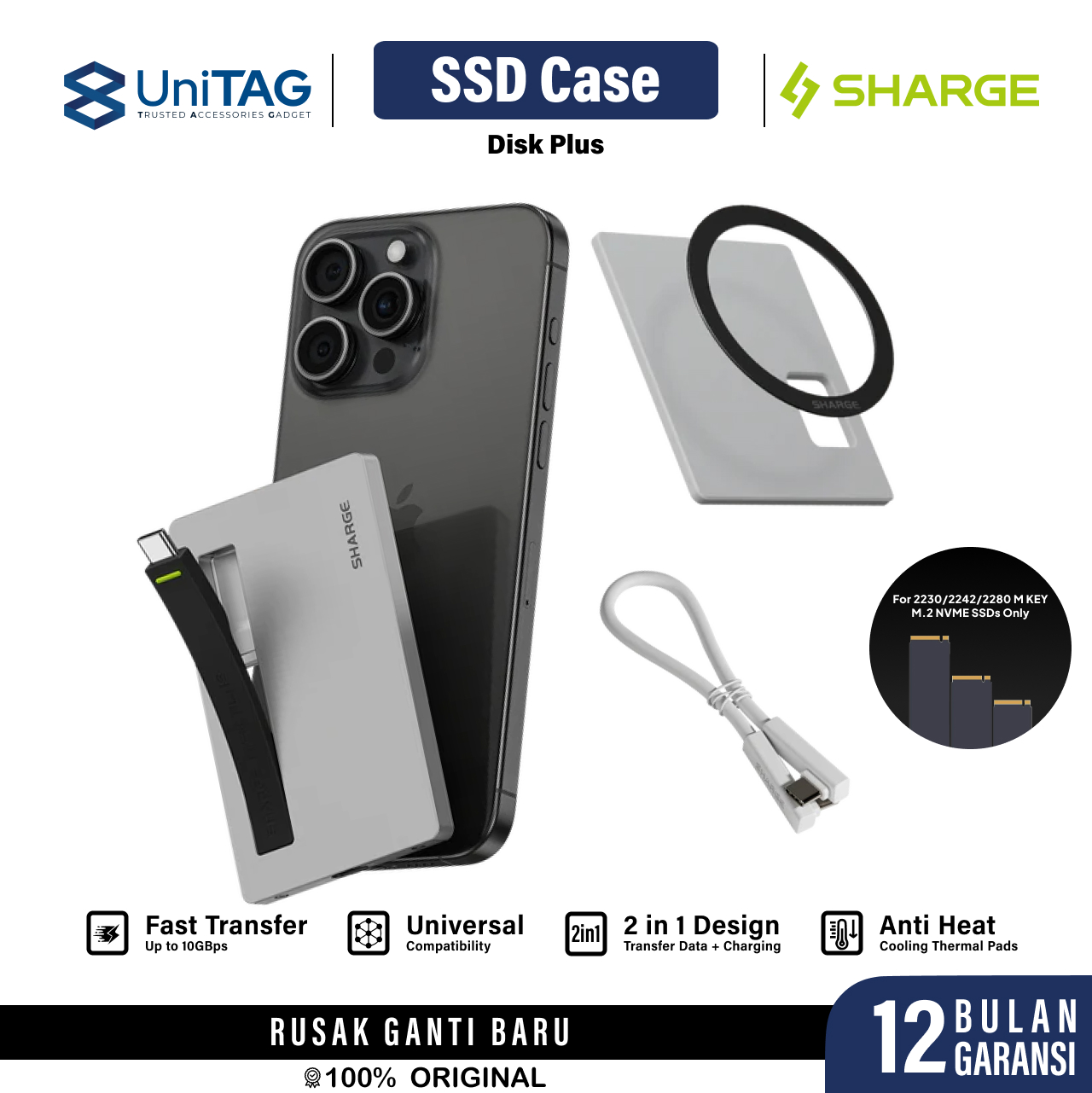 Sharge Disk Enclosure Magnetic Built In Cable USB C 100W PD Disk Plus - Gray YPH-SG-SPplus-HUI