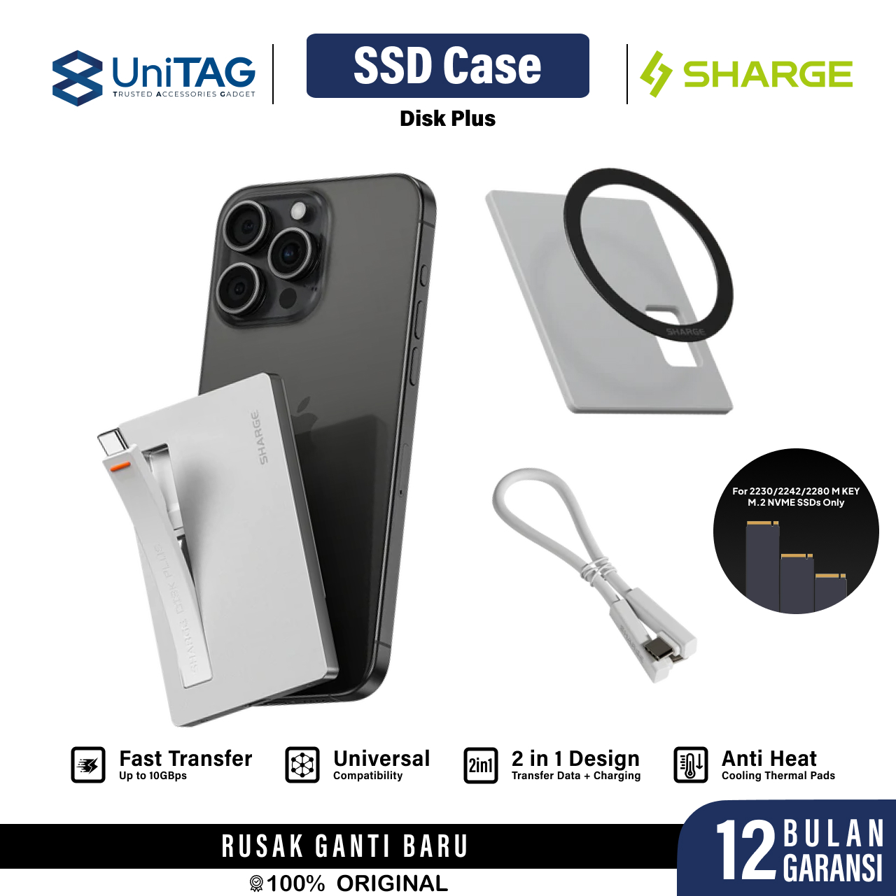 Sharge Disk Enclosure Magnetic Built In Cable USB C 100W PD Disk Plus - Silver YPH-SG-SPplus-YIN