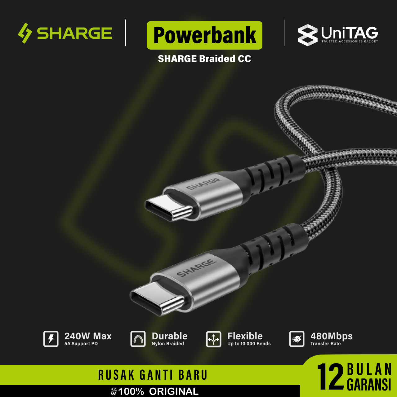 Sharge Kabel Charger USB C - USB C Braided 240W 1.5m - Black SJX-SJ-240-CC-1.5-ZH-HEI