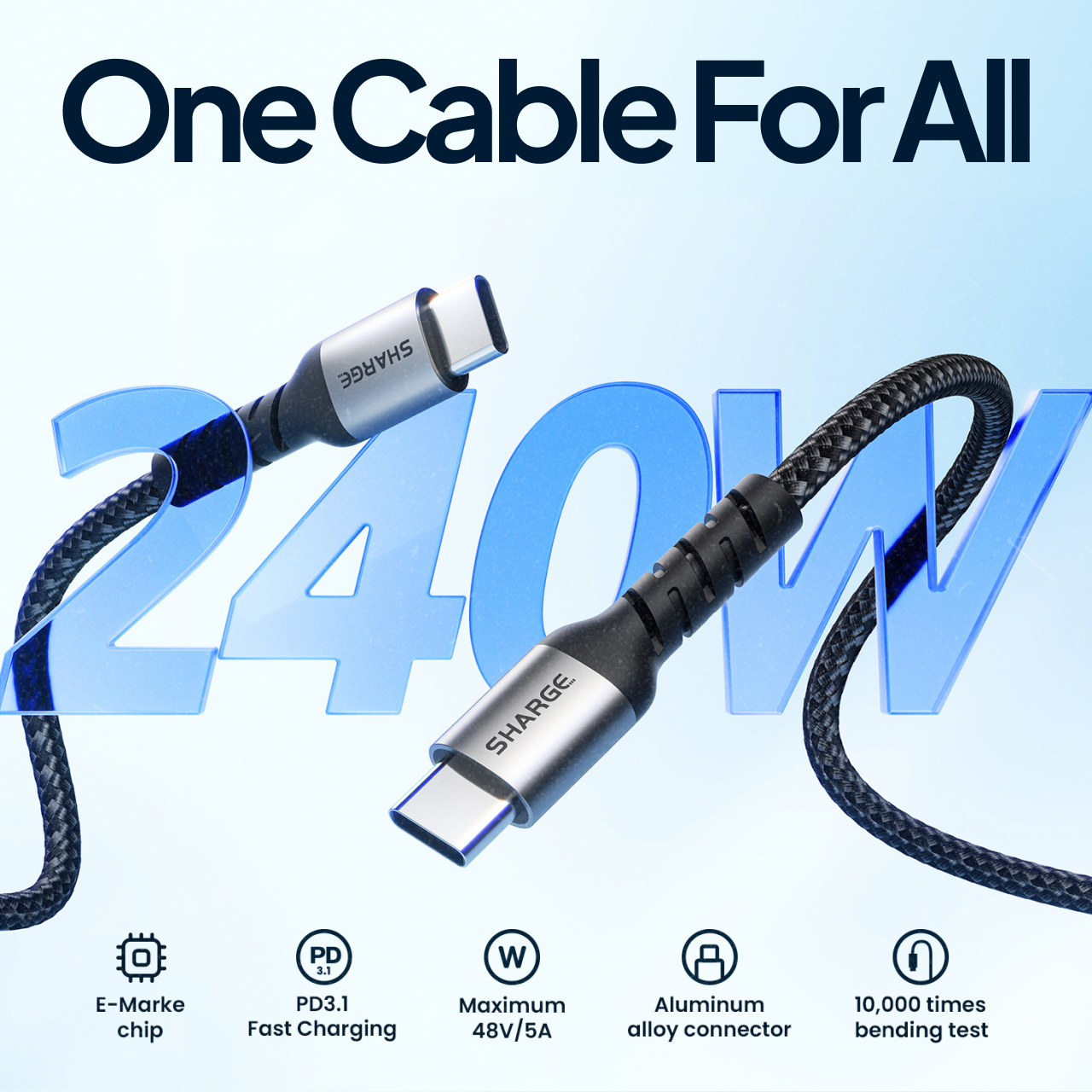 Sharge Kabel Charger USB C - USB C Braided 240W 1.5m - Black SJX-SJ-240-CC-1.5-ZH-HEI