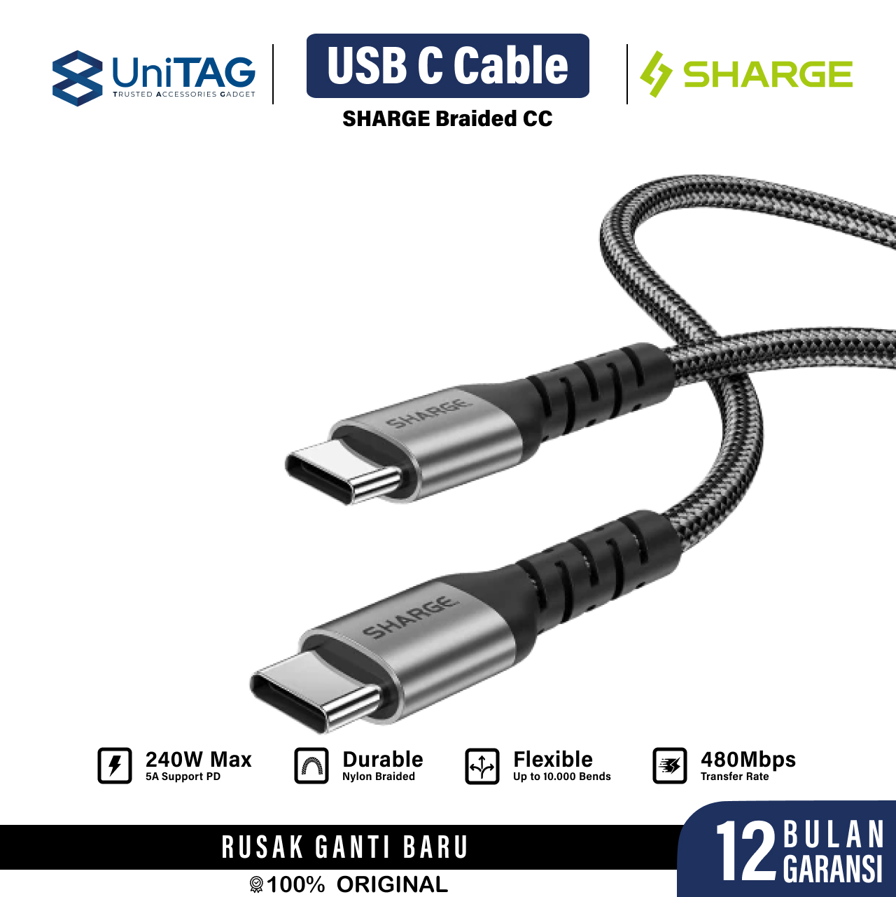 Sharge Kabel Charger USB C - USB C Braided 240W 1.5m - Black SJX-SJ-240-CC-1.5-ZH-HEI