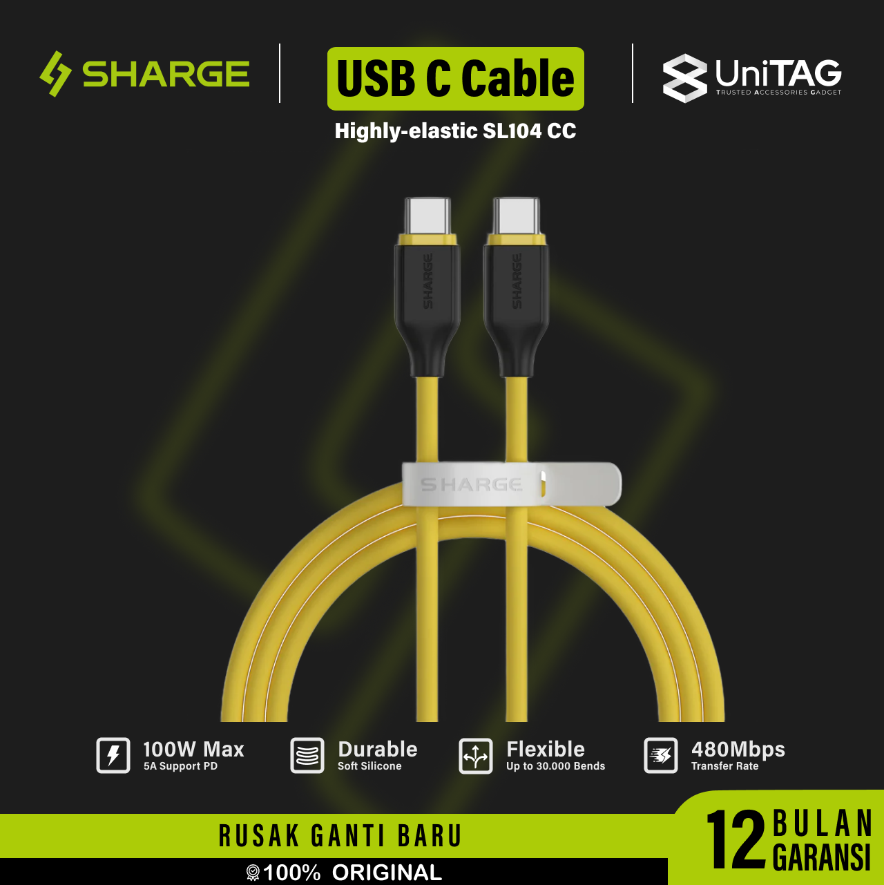 Sharge Kabel Charger USB C - USB C Highly Elastic Rubber 100W 1.5m - Yellow SJX-SJ-100-CC-1.5-CT2-HUA