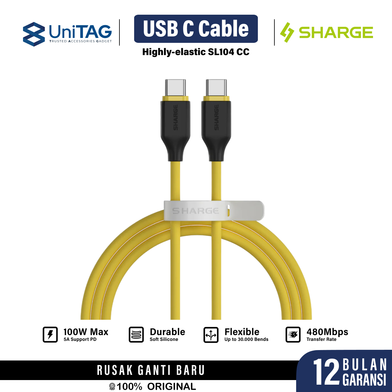 Sharge Kabel Charger USB C - USB C Highly Elastic Rubber 100W 1.5m - Yellow SJX-SJ-100-CC-1.5-CT2-HUA