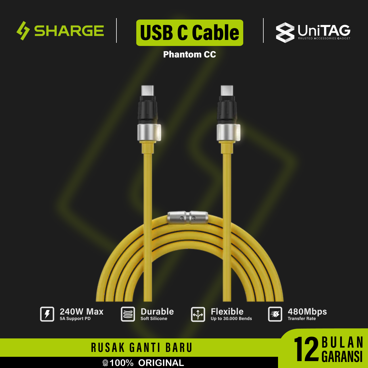 Sharge Kabel Charger USB C - USB C Phantom Rubber 240W 1.2m - Yellow SJX-SJ-CC-1.2-HY-HUA