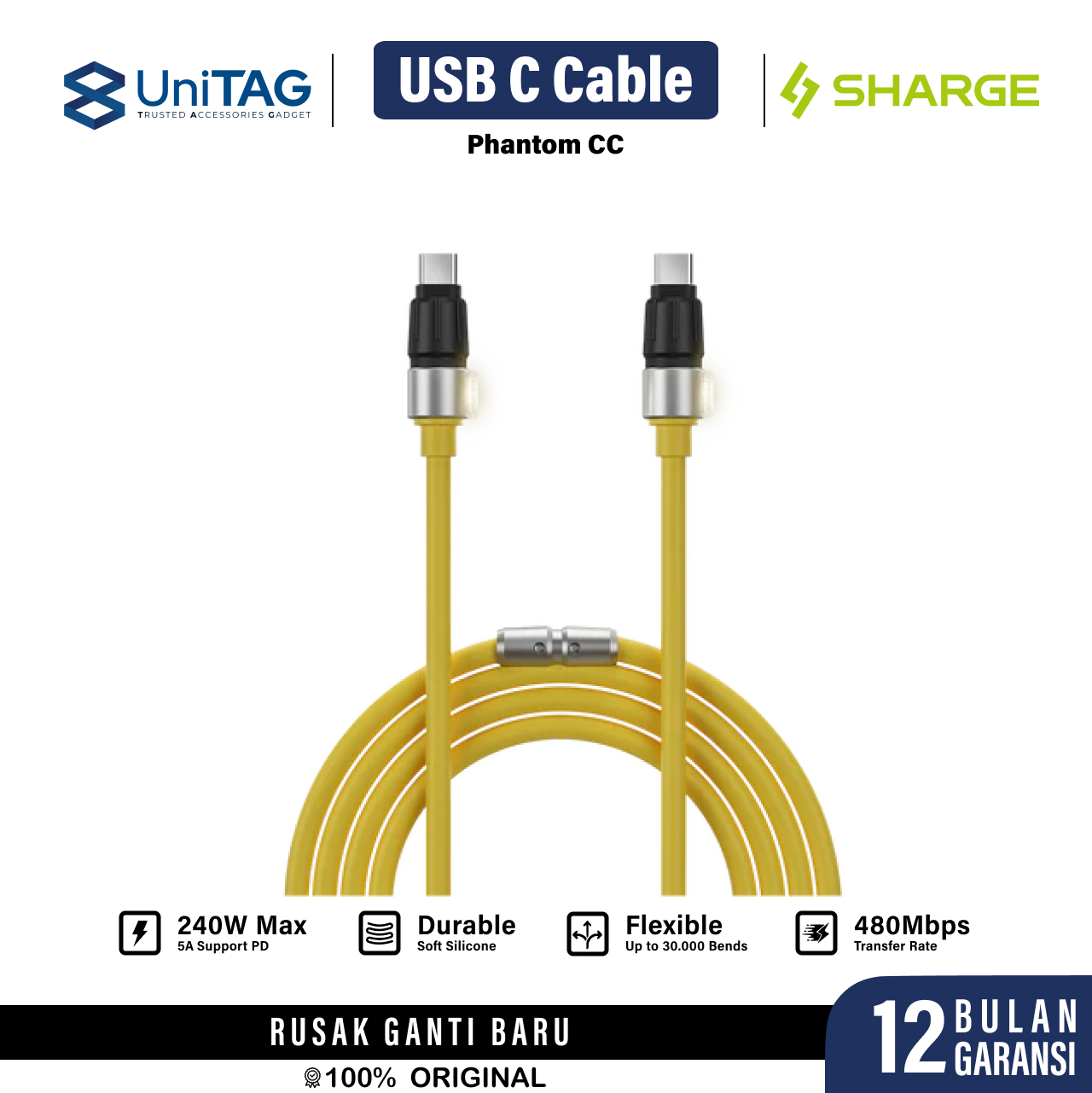 Sharge Kabel Charger USB C - USB C Phantom Rubber 240W 1.2m - Yellow SJX-SJ-CC-1.2-HY-HUA