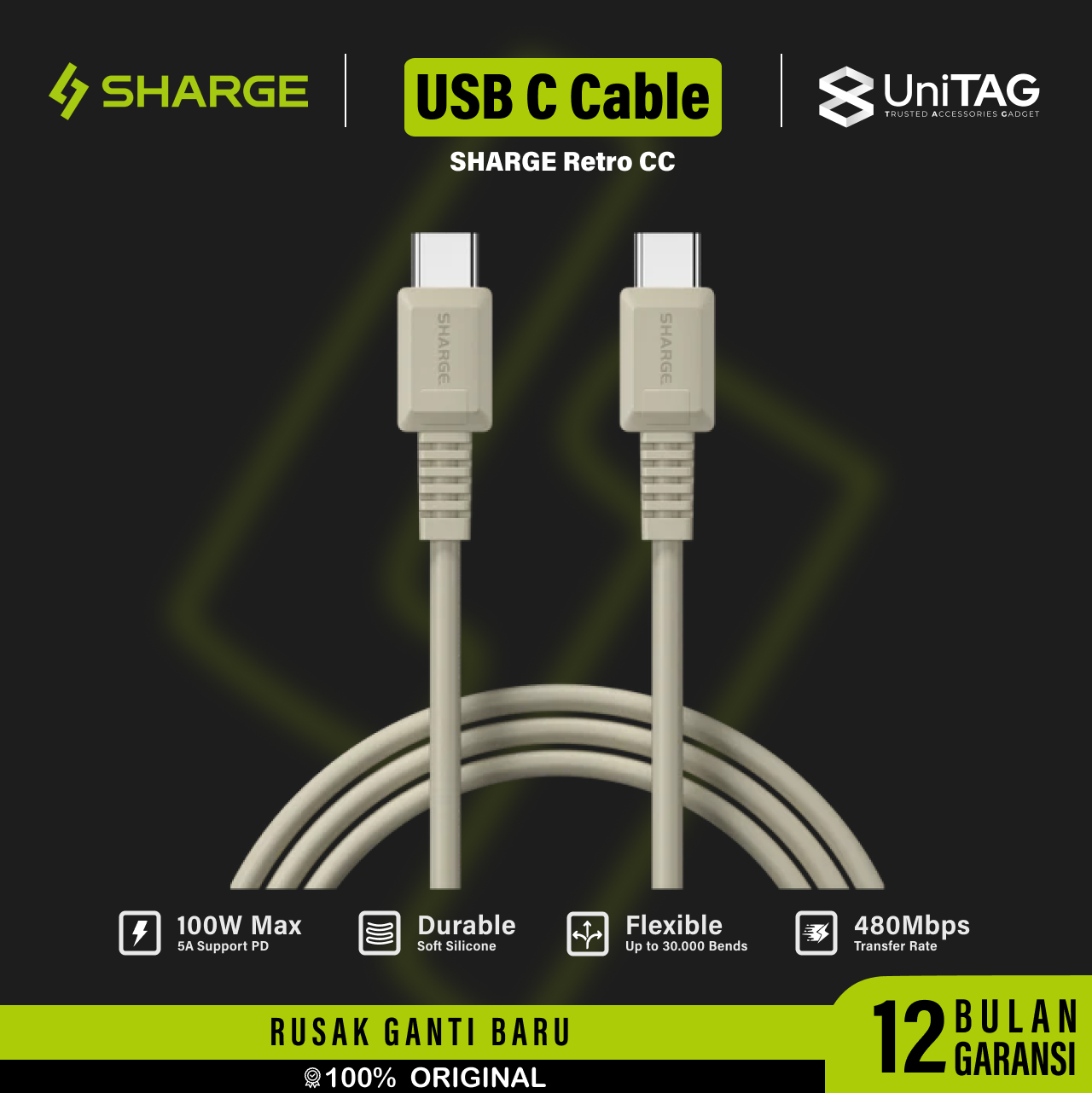 Sharge Kabel Charger USB C - USB C Retro Rubber 1000W 1.2m - White Retro SJX-SJ-CC-1.2-FG-MI
