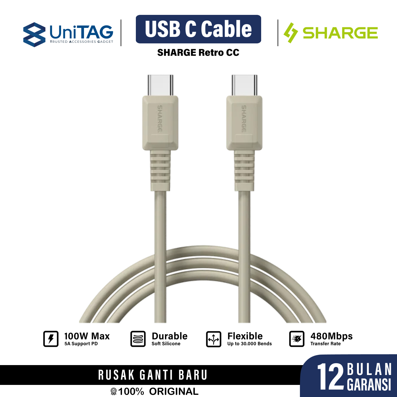 Sharge Kabel Charger USB C - USB C Retro Rubber 1000W 1.2m - White Retro SJX-SJ-CC-1.2-FG-MI