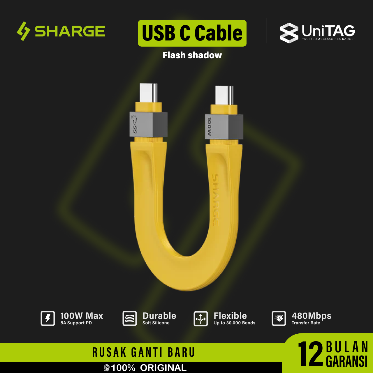 Sharge Kabel Charger USB C - USB C Flash Shadow 100W 10gbps 0.14m - Yellow SJX-SJ-CC-0.135-SY2-HUA