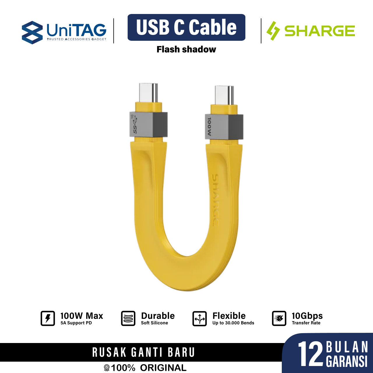 Sharge Kabel Charger USB C - USB C Flash Shadow 100W 10gbps 0.14m - Yellow SJX-SJ-CC-0.135-SY2-HUA