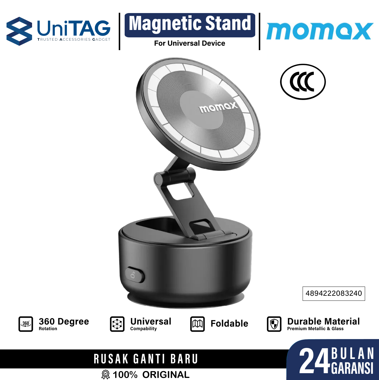 Momax Phone Holder 1-Snap Go Auto Suction Magnetic Phone Stand - Black KH20D