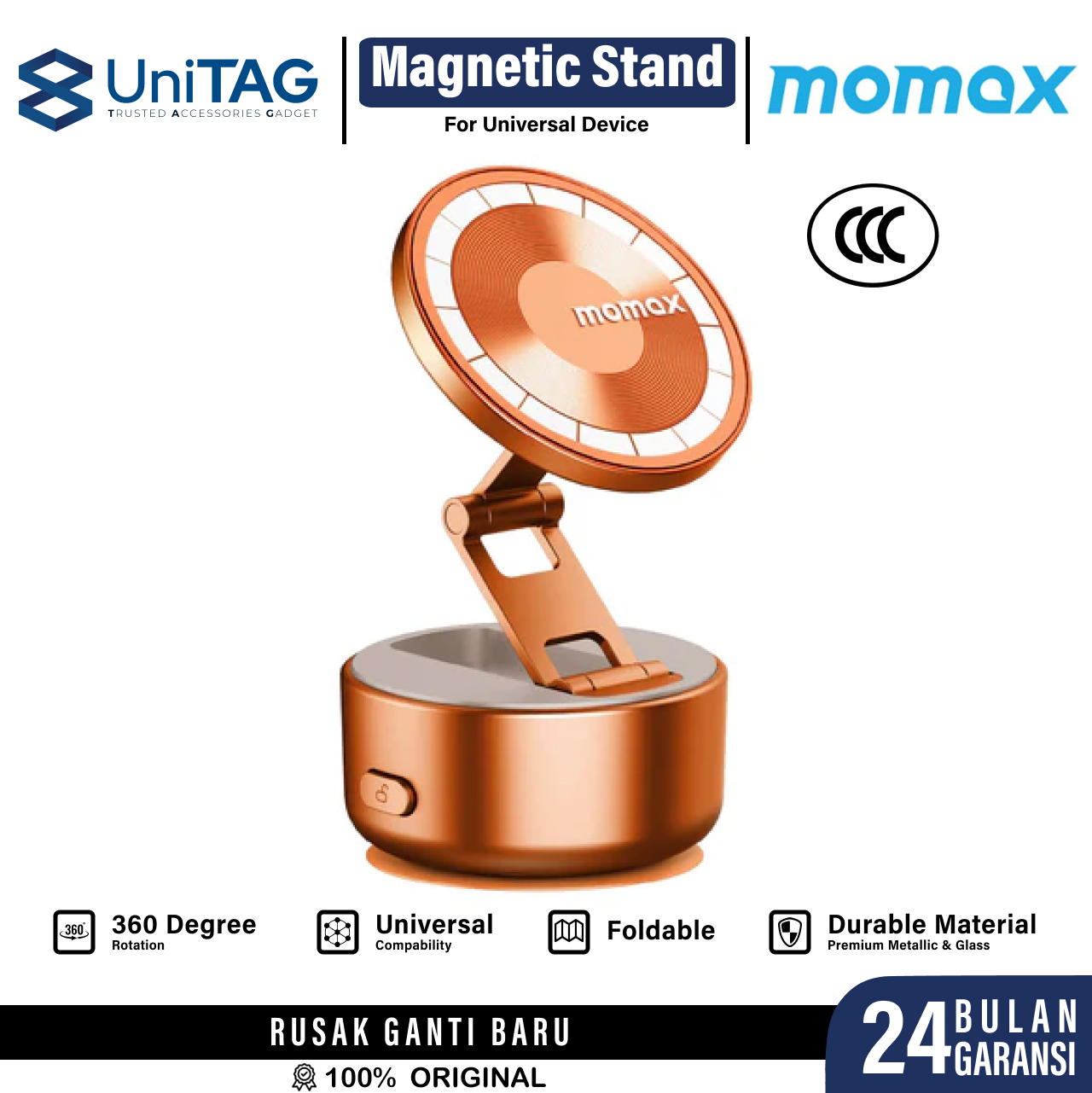 Momax Phone Holder 1-Snap Go Auto Suction Magnetic Phone Stand - Orange KH20M