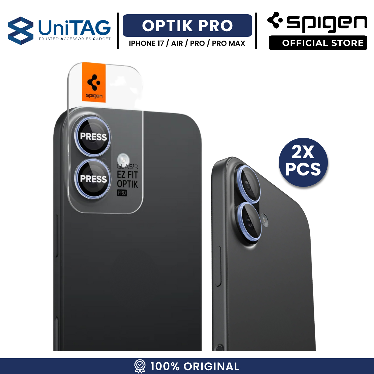 Spigen iPhone 17 / 16 Plus / 16 Camera Lens Protector Camera Ring with Tray 2 Pack GlastR EZ Fit Optik Pro - Blue AGL10129