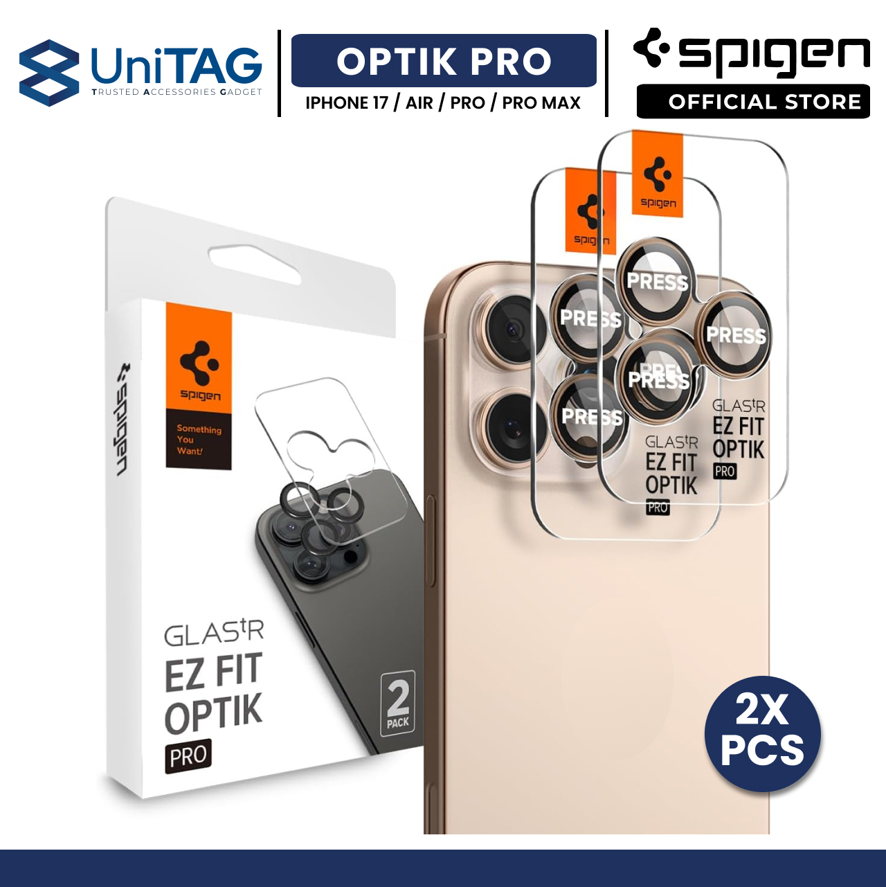 Spigen iPhone 17 Pro Max / 17 Pro / 16 Pro / 16 Pro Max / 15 Pro / 15 Pro Max / 14 Pro / 14 Pro Max Camera Lens Protector Camera Ring with Tray 2 Pack GlastR EZ Fit Optik Pro - Desert Titanium AGL08862