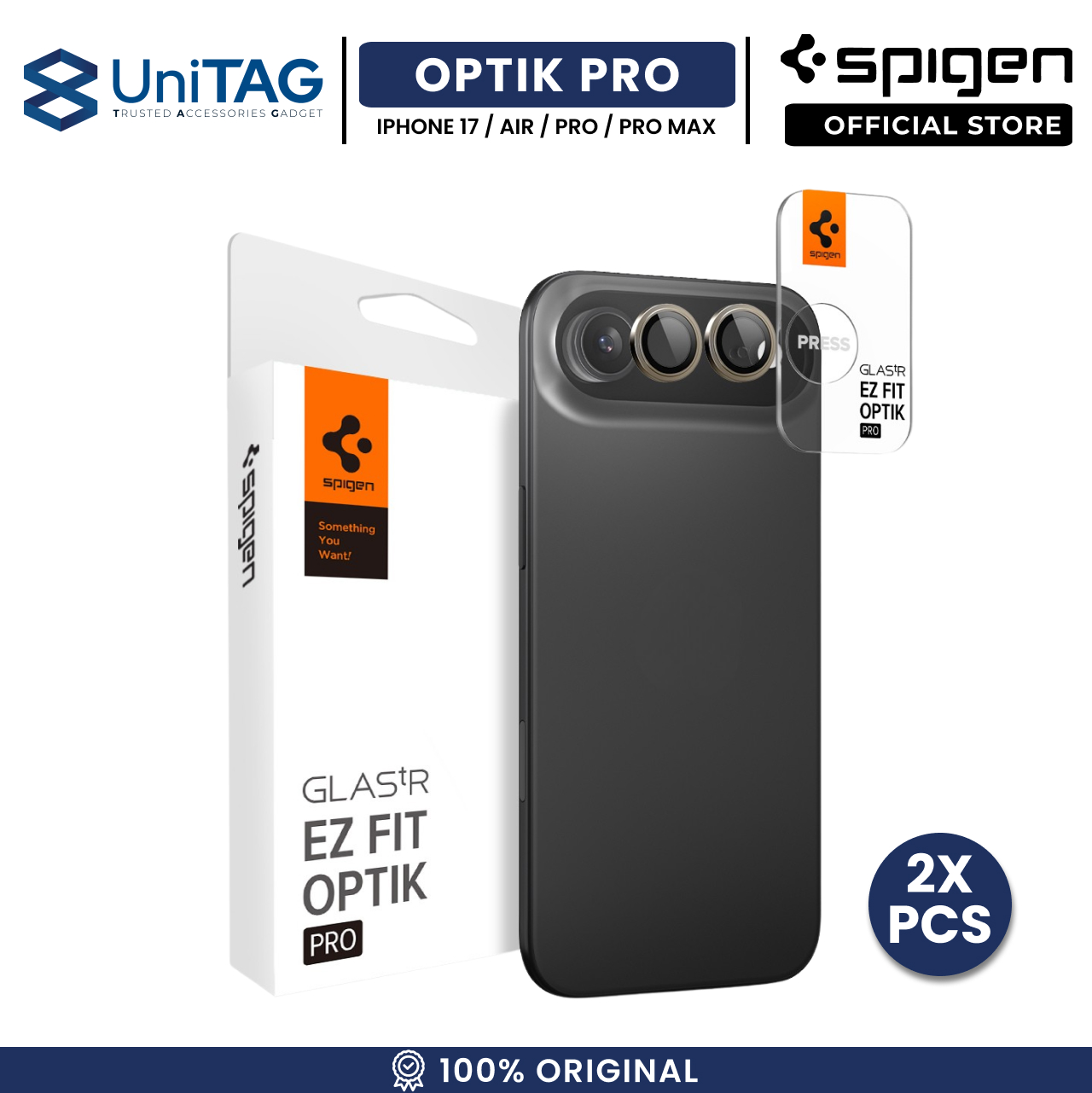 Spigen iPhone Air Camera Lens Protector Camera Ring with Tray 2 Pack GlastR EZ Fit Optik Pro - Gold AGL10131